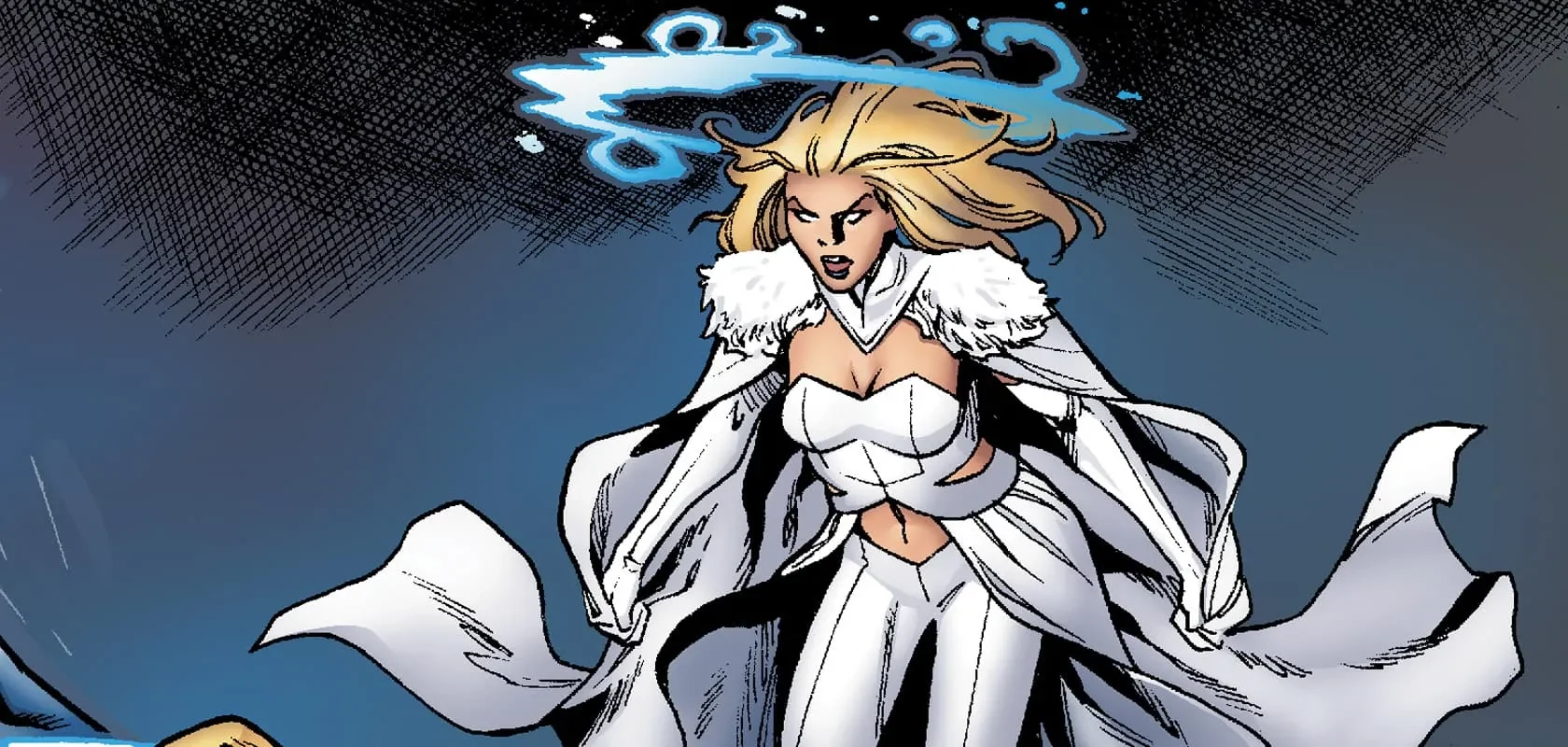 Emma Frost in her white costume in official Marvel comic art.