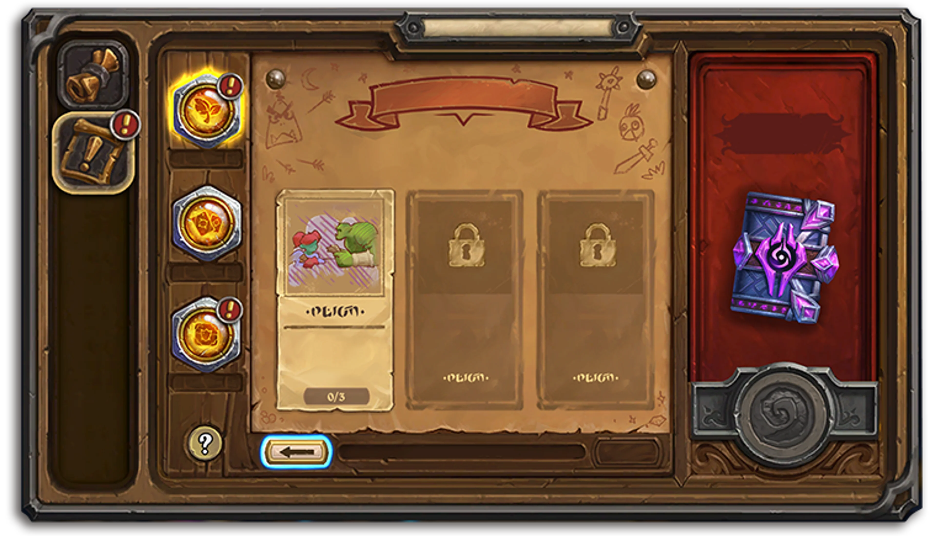 Official Hearthstone Tavern Guide screen with a vertical strip of round quest icons at left, three large quest cards in the middle and pack rewards on the right.