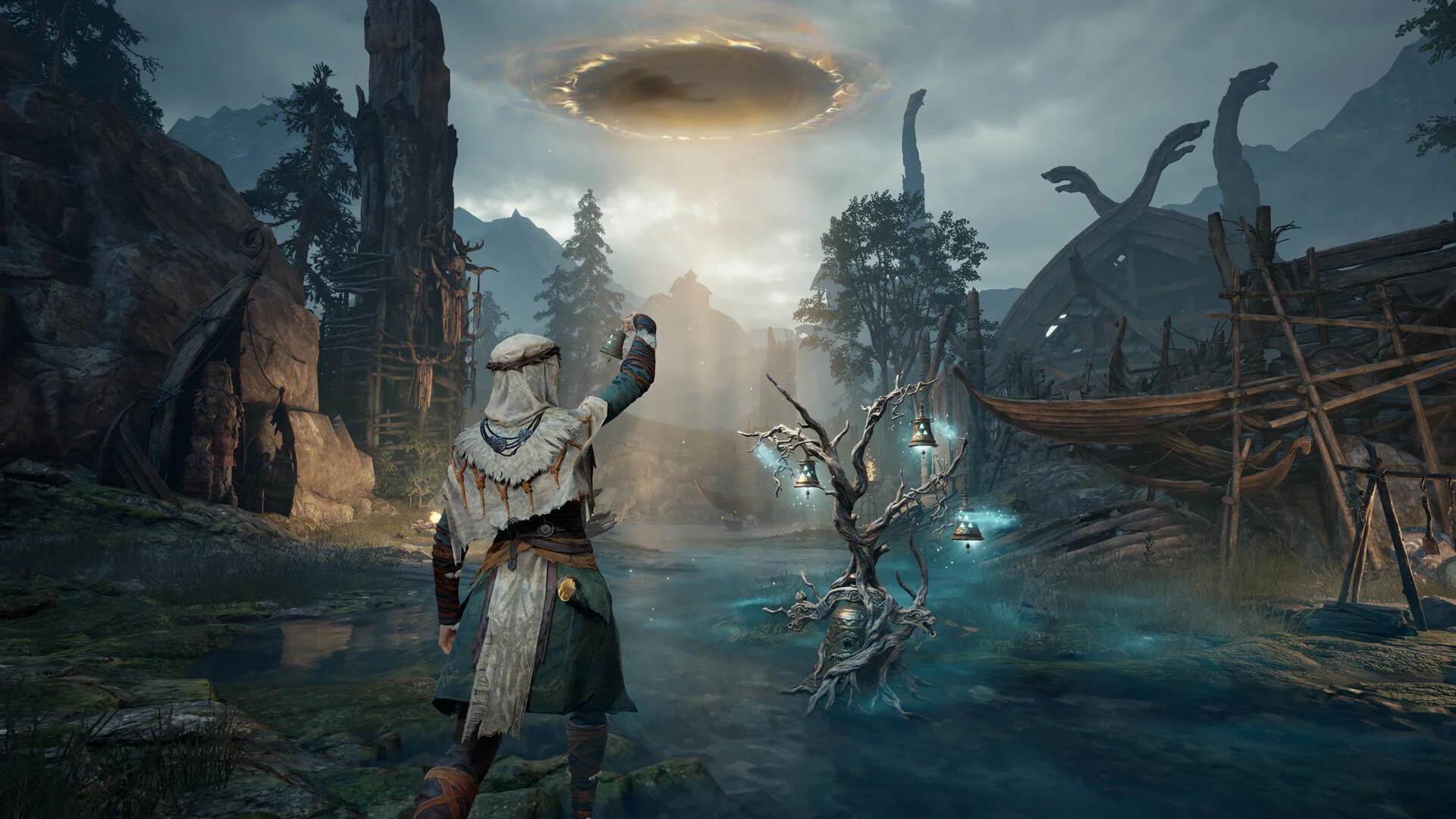 A Gyldhunter channels magic beside a glowing tree in Mistfall Hunter.