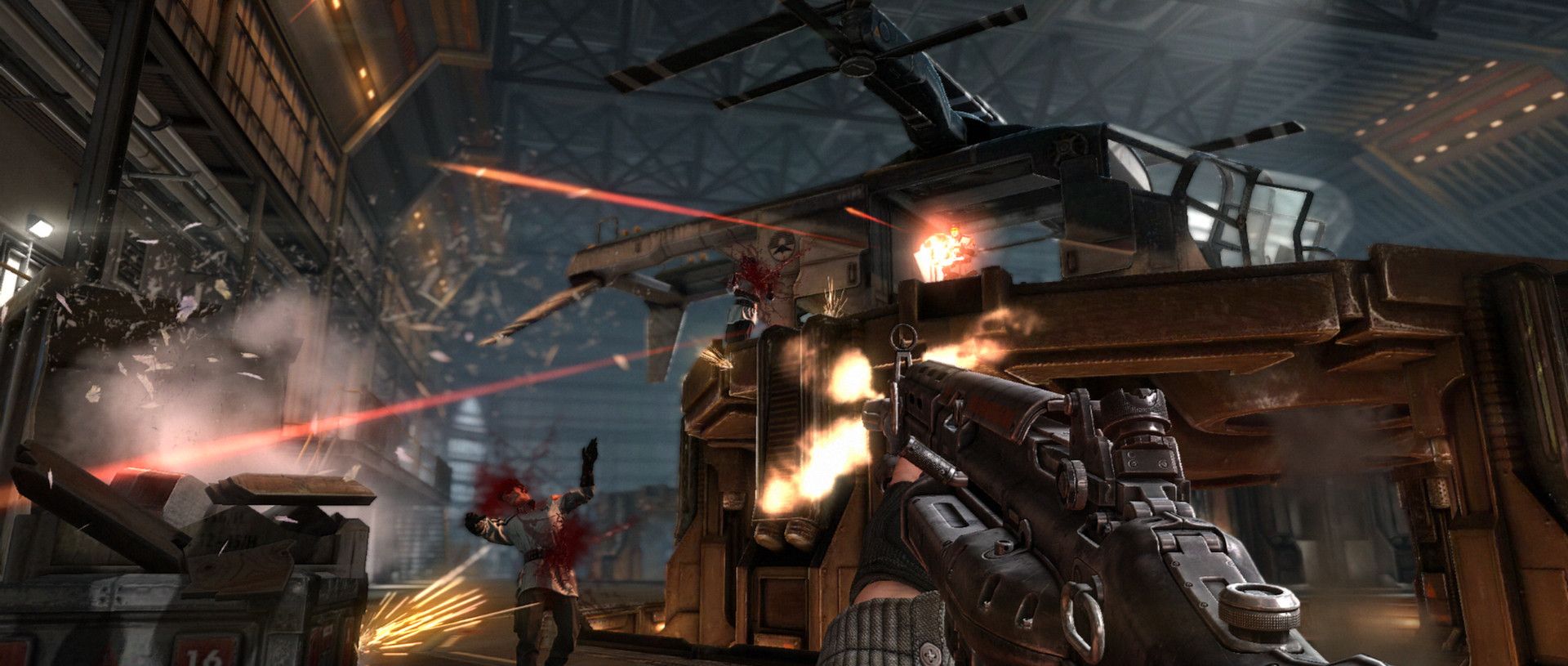 A firefight around an aircraft in a hangar seen through the player’s weapon.