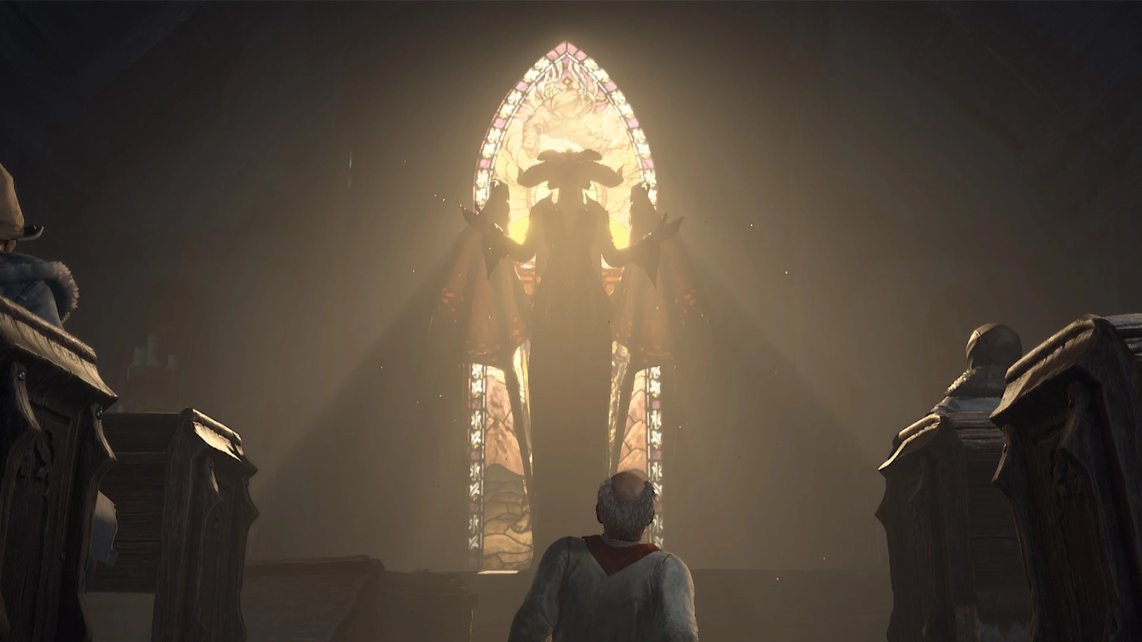 A villager kneels before a glowing winged figure in a Diablo IV church.