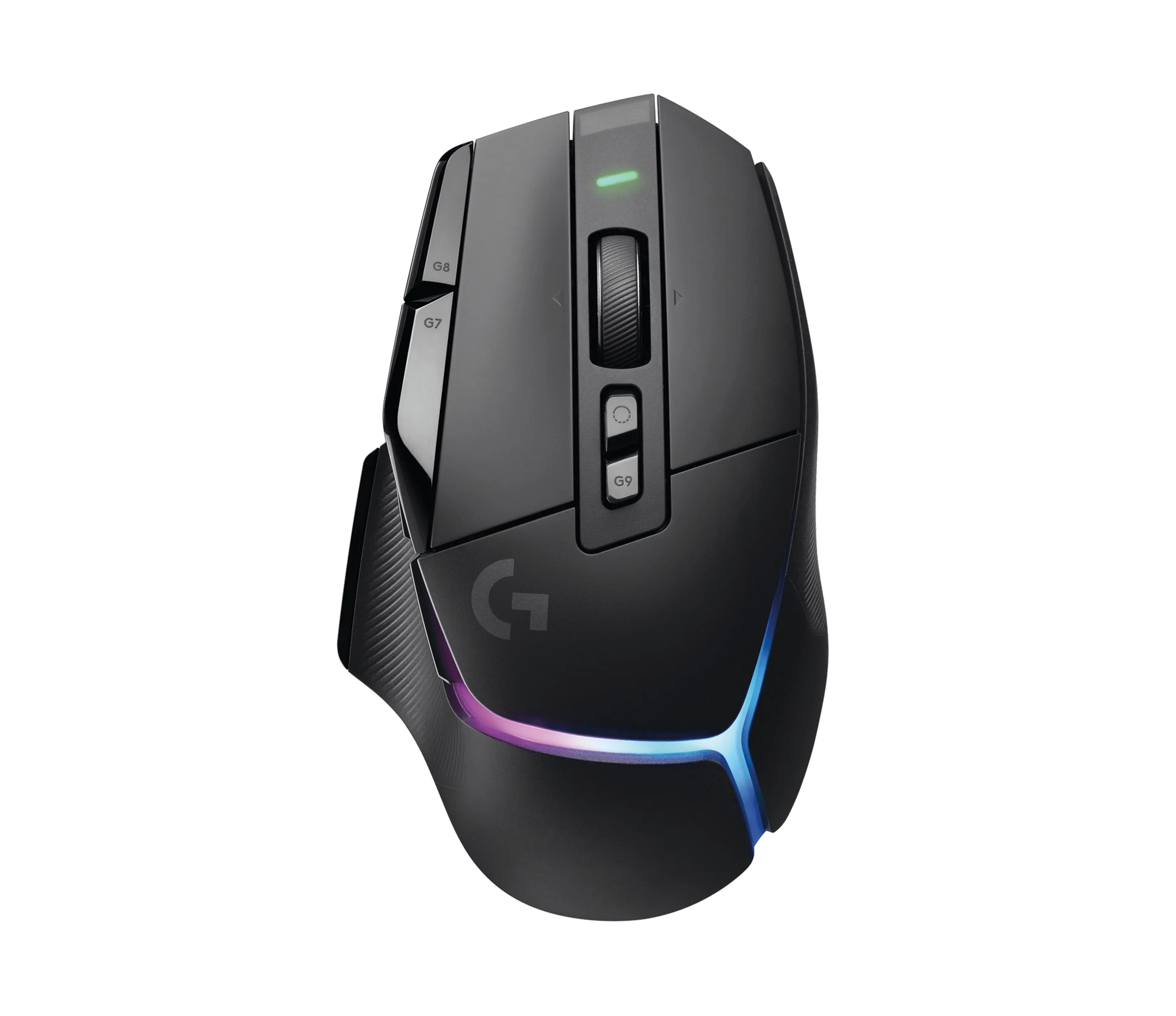 Black Logitech G502 X Plus seen from above, with its scroll wheel and side buttons