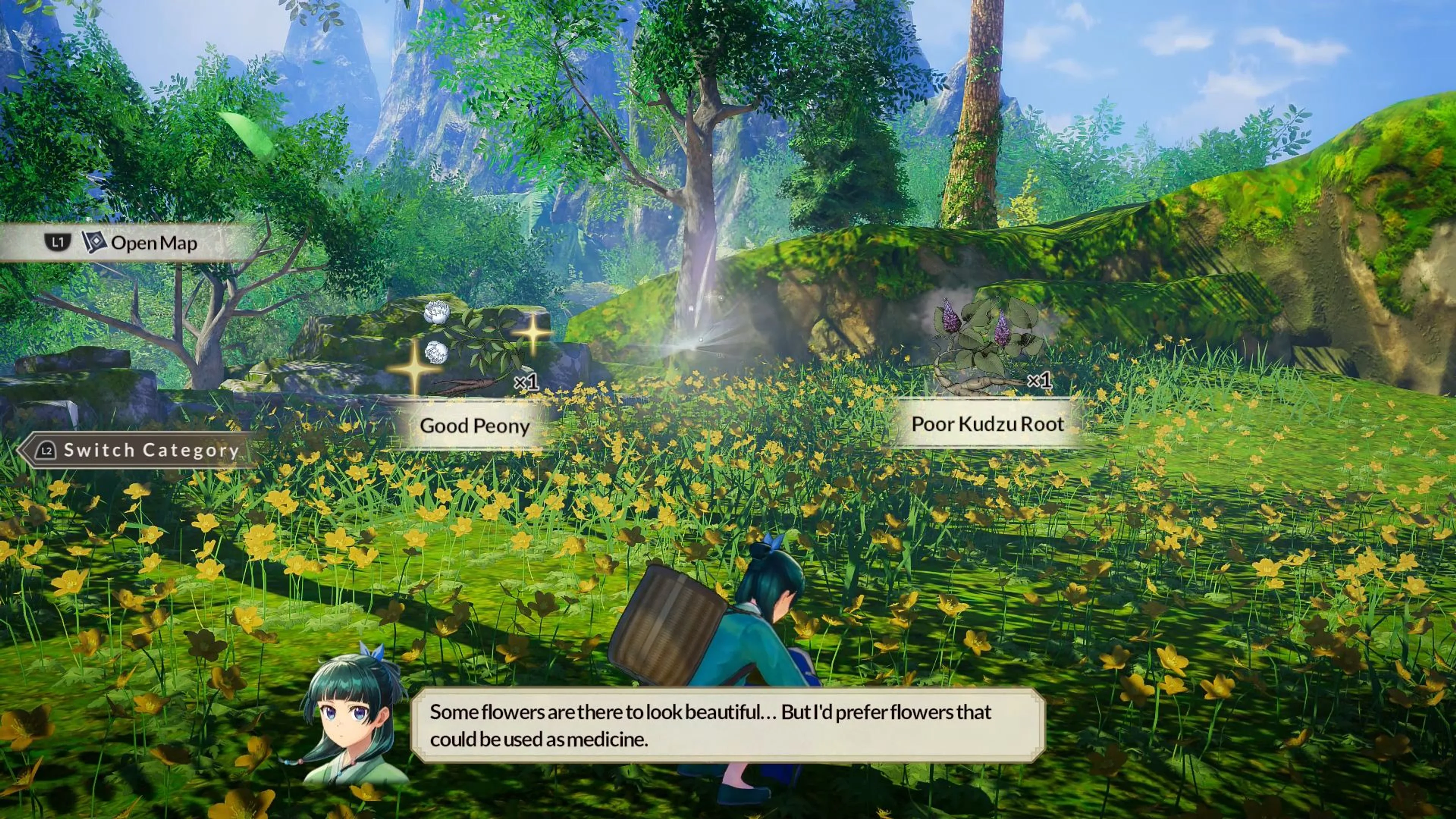 Maomao gathers medicinal ingredients in a flower field in The Apothecary Diaries: The False Imperial Brother.