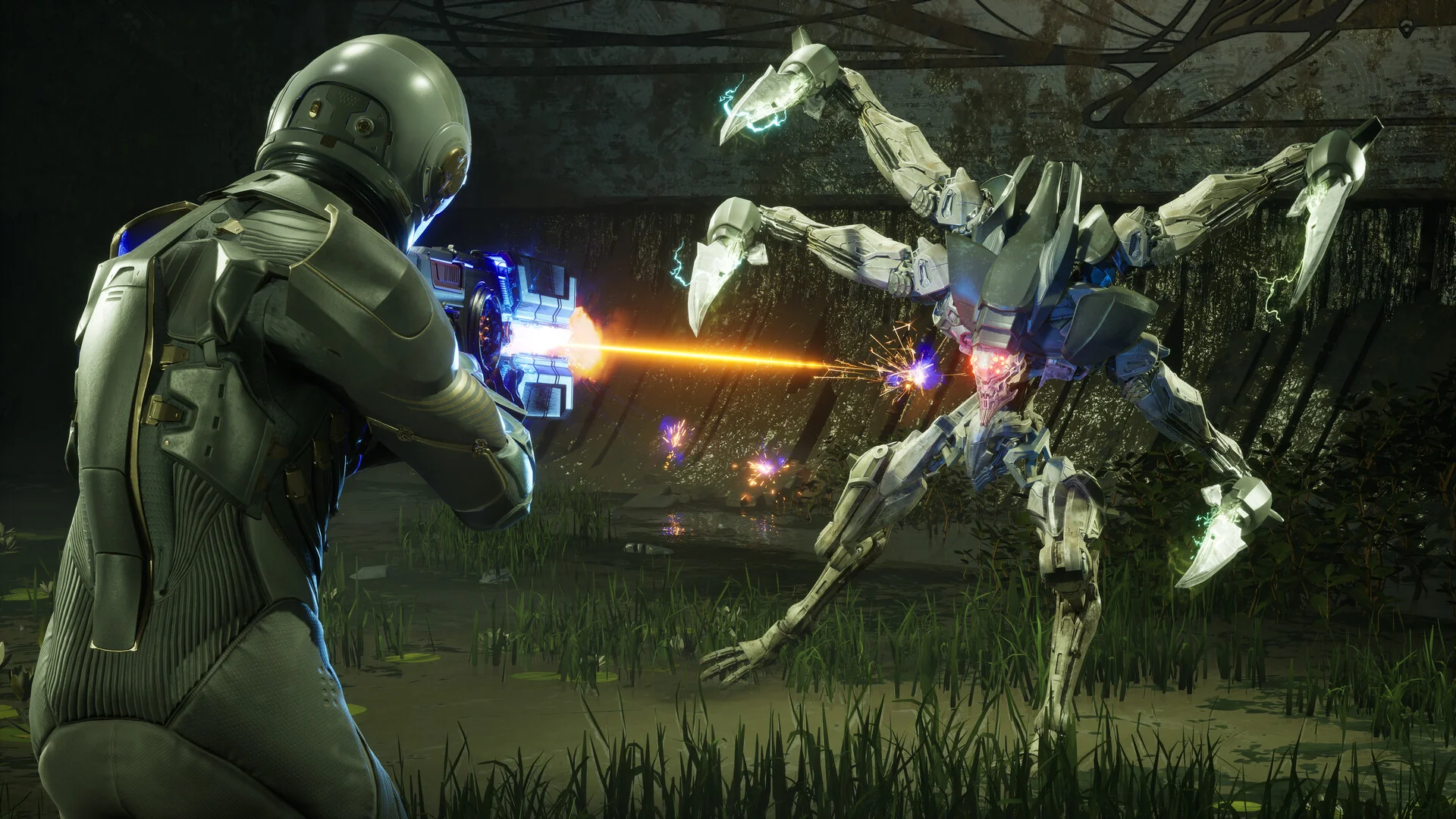 An armored EXODUS character fires a weapon at a towering mechanical enemy in a dark, overgrown environment.