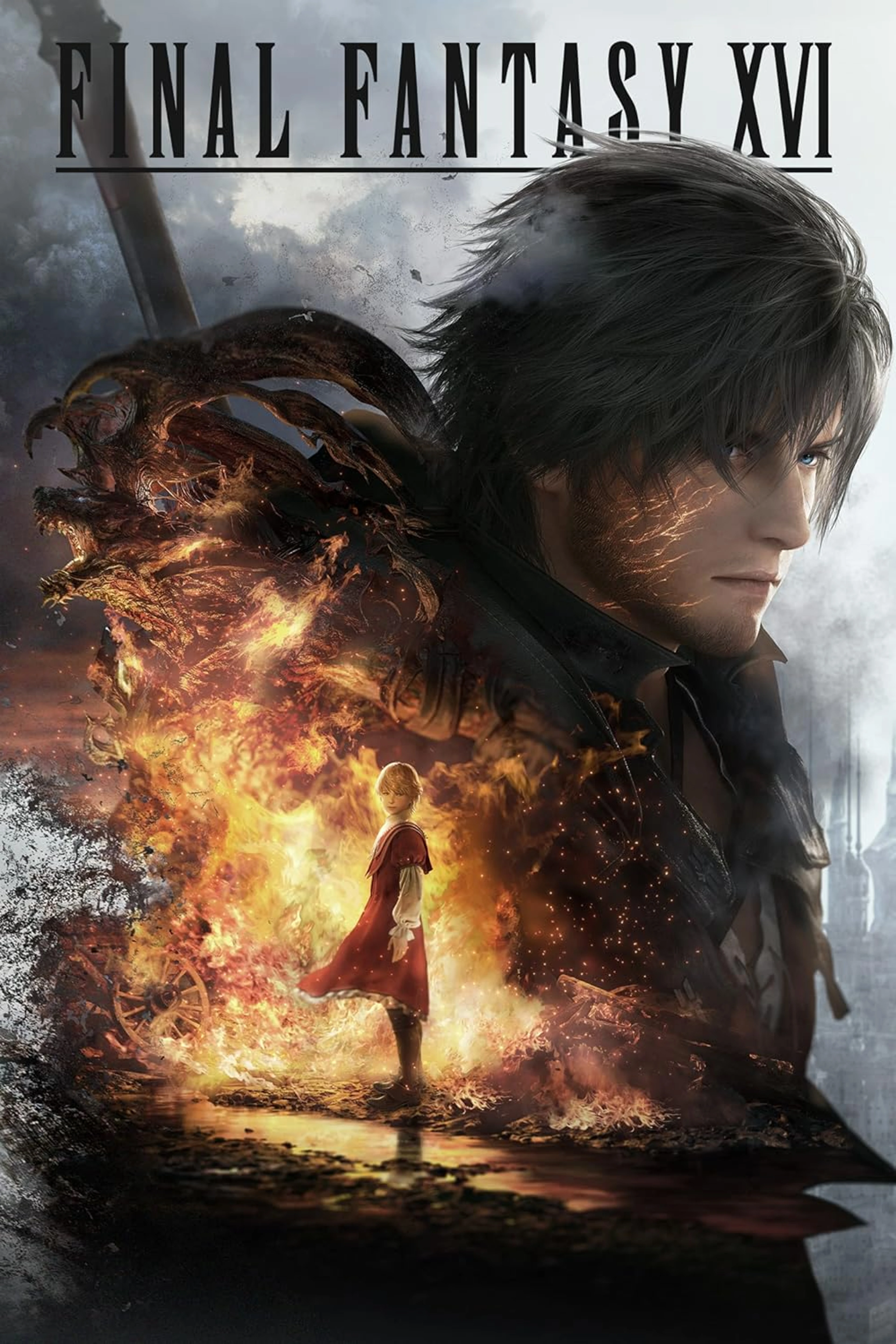 Clive Rosfield and Joshua appear with the Eikons Phoenix and Ifrit in Final Fantasy XVI cover art