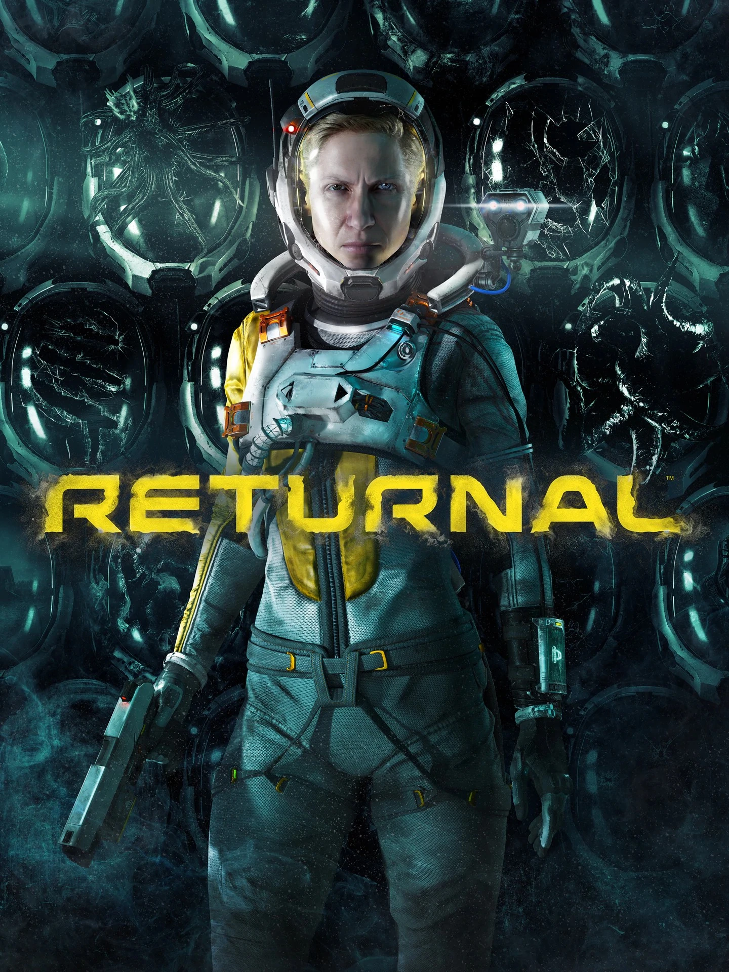 Official Returnal cover showing Selene in her spacesuit with the game logo.