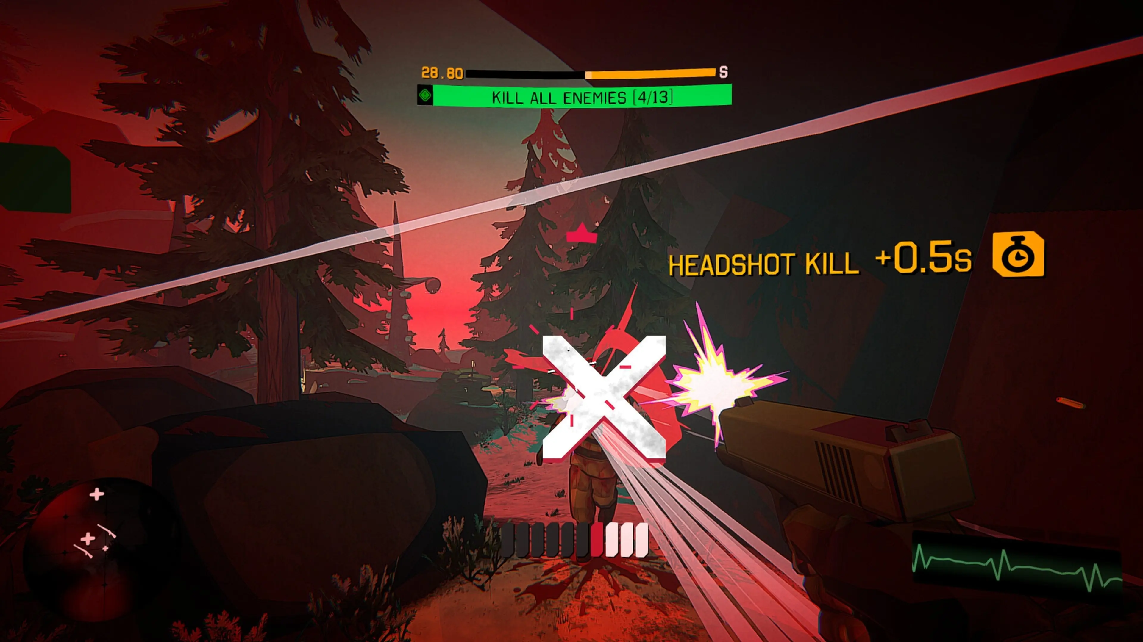 A timed headshot lands during a red-lit forest firefight in I Am Your Beast.