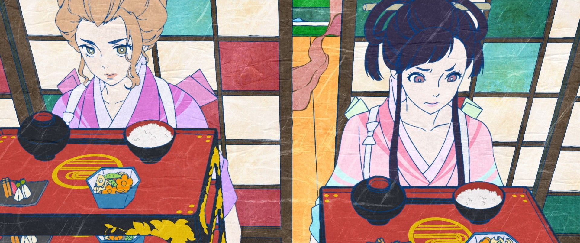 Asa and Kame sit beside each other with separate meal trays in the palace.