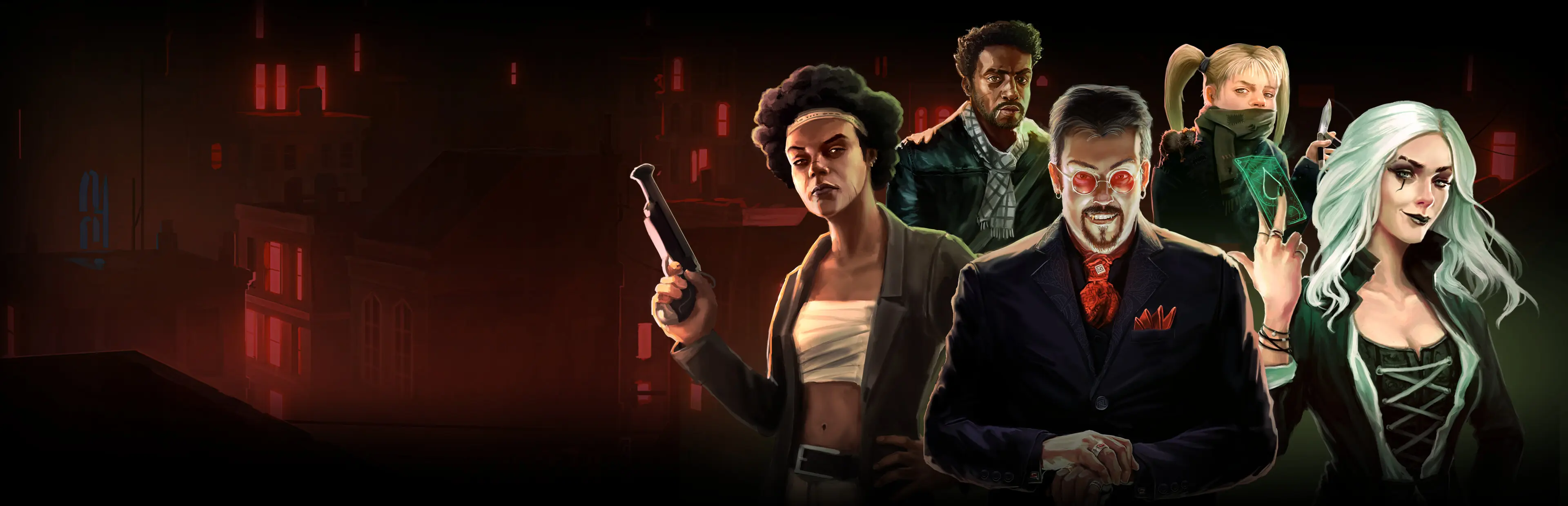 Vampire figures and the city skyline in Nighthawks official artwork.