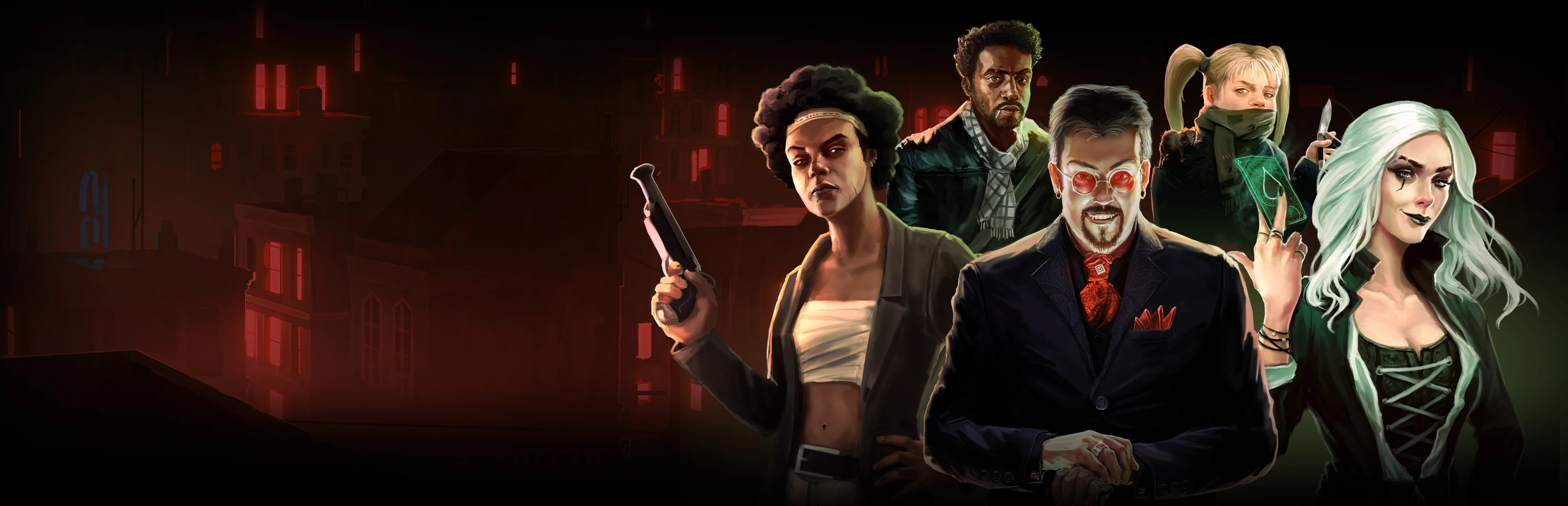 Vampire figures and the city skyline in Nighthawks official artwork.