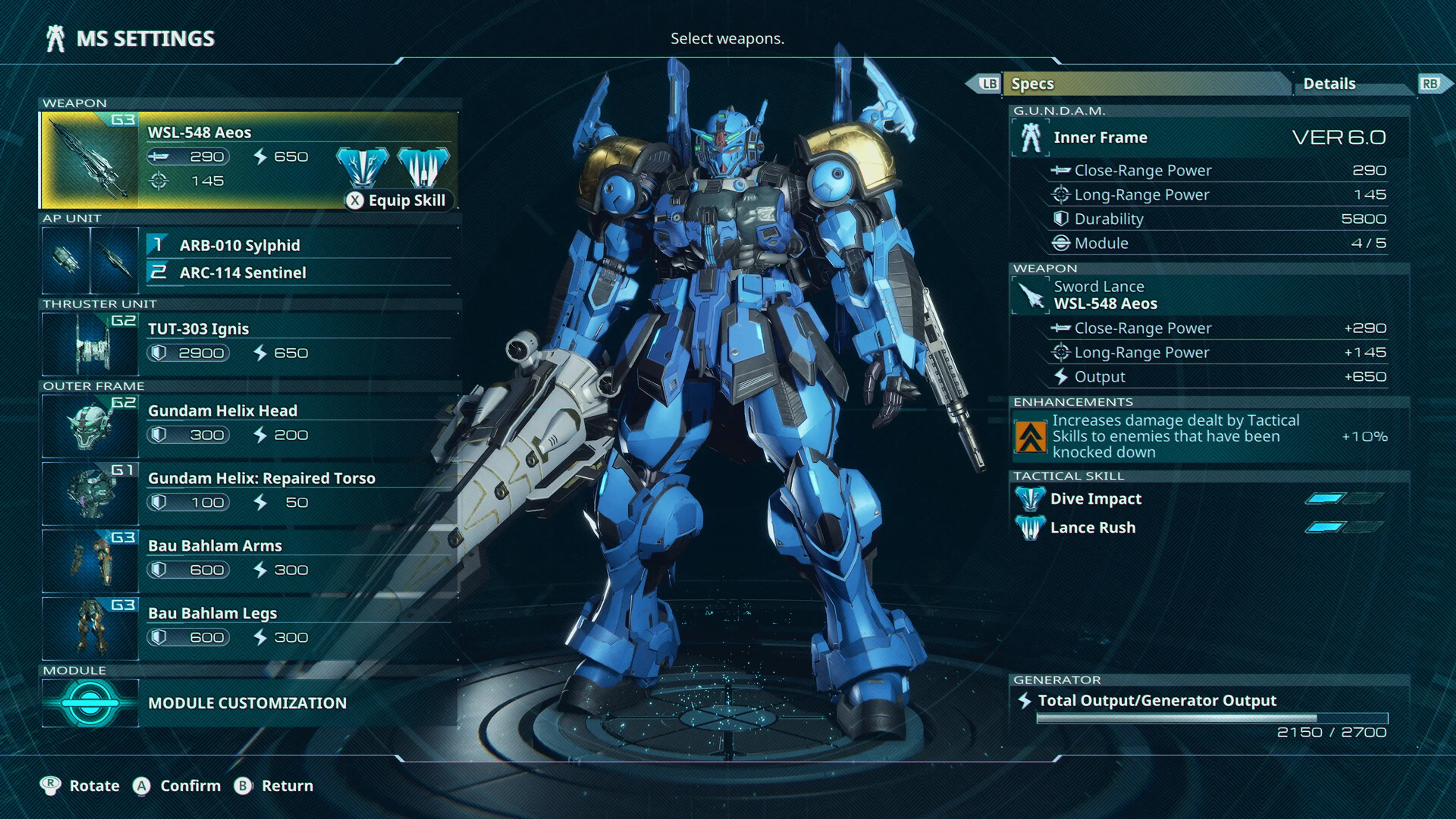 The MS Settings screen displays a blue Gundam with weapons, parts and Tactical Skills.