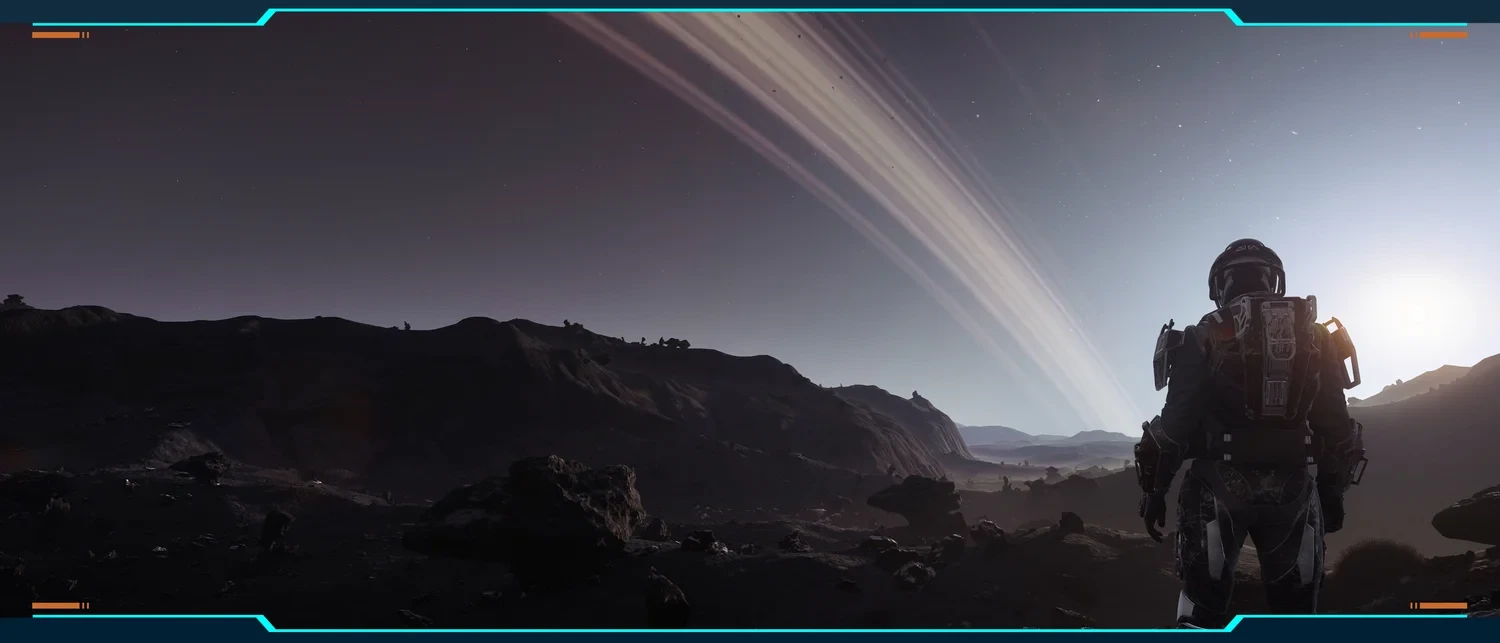 An armored pilot stands on a rocky planet beneath wide planetary rings in the official Letter From the Chairman artwork.