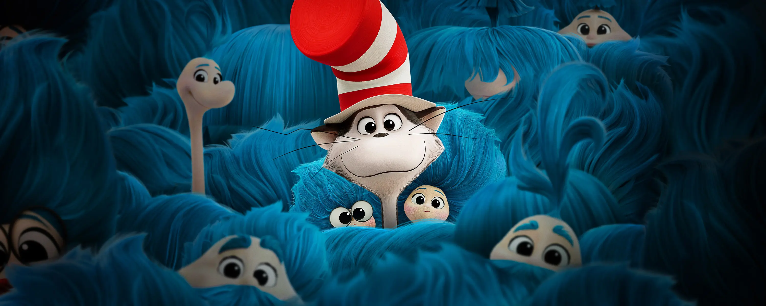 The Cat stands with Gabby, Sebastian and a crowd of colorful animated characters in official art for The Cat in the Hat.