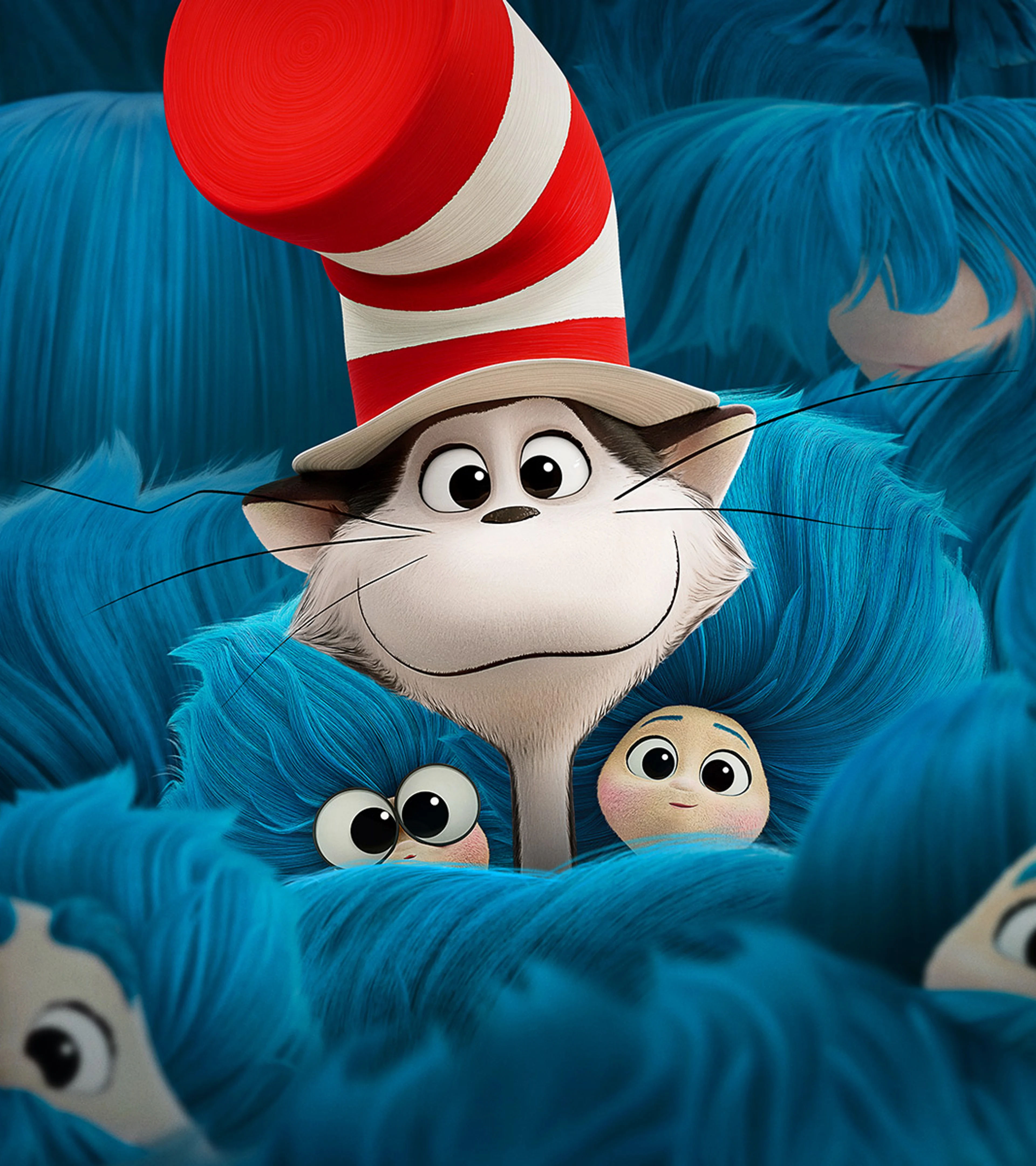 The Cat stands with Gabby, Sebastian and a crowd of colorful animated characters in official art for The Cat in the Hat.