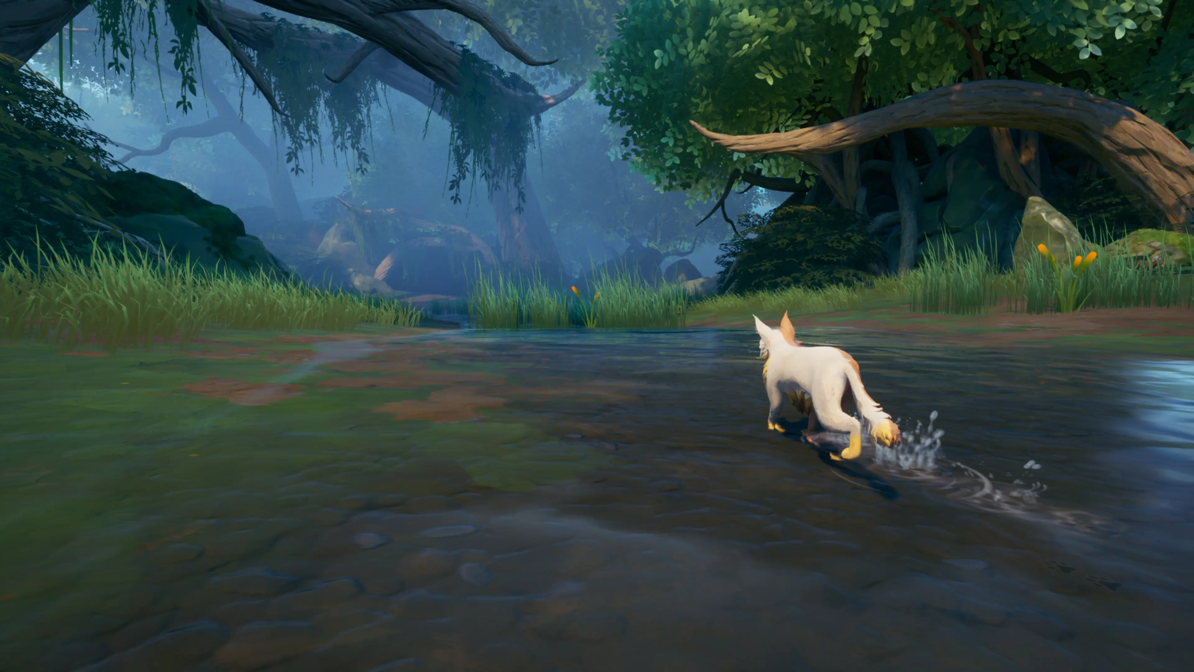 A pale warrior cat splashes through a shallow river beneath dense forest trees.