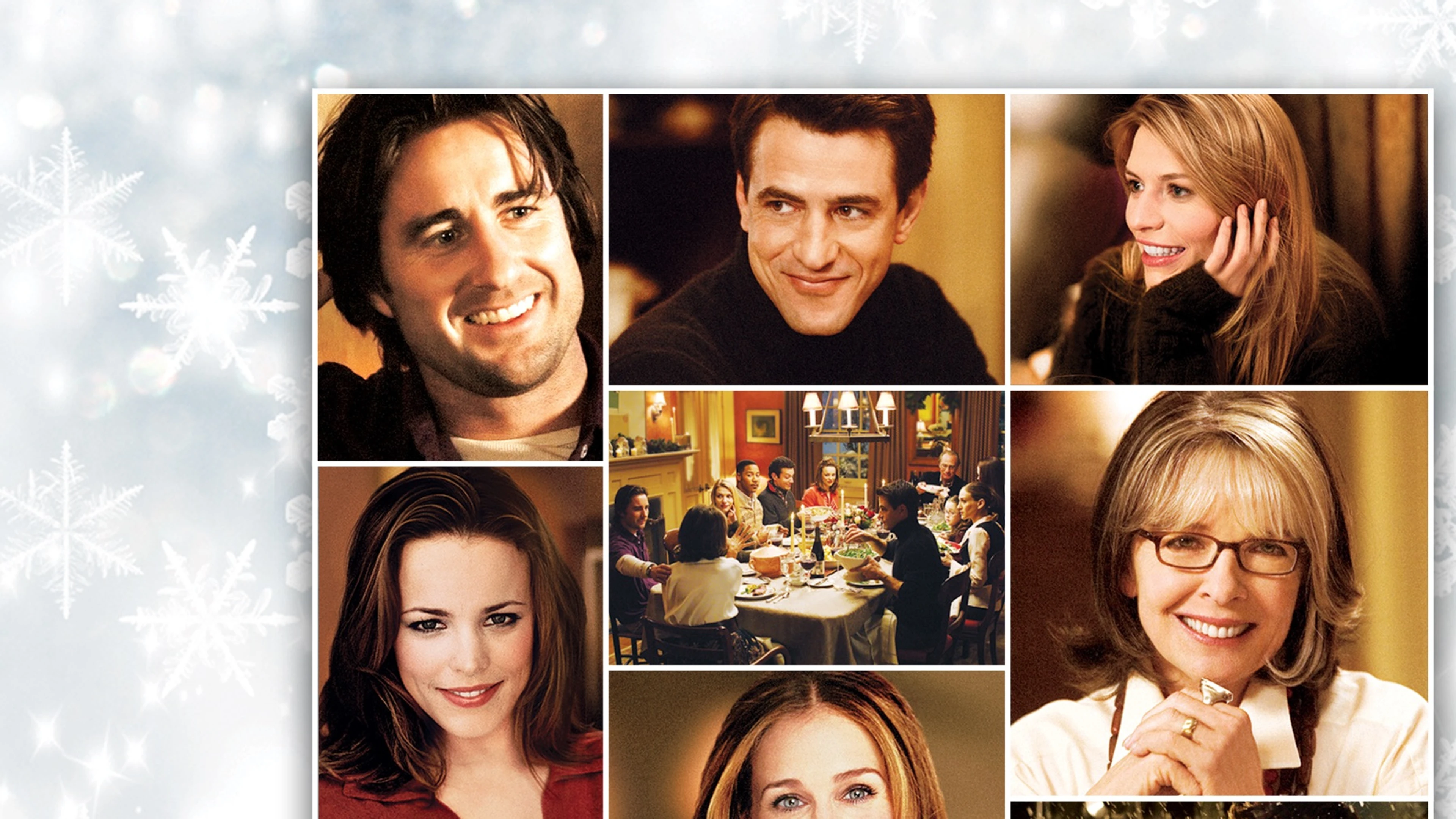 Luke Wilson, Dermot Mulroney, Claire Danes, Rachel McAdams, and Diane Keaton appear in a cast collage for The Family Stone.