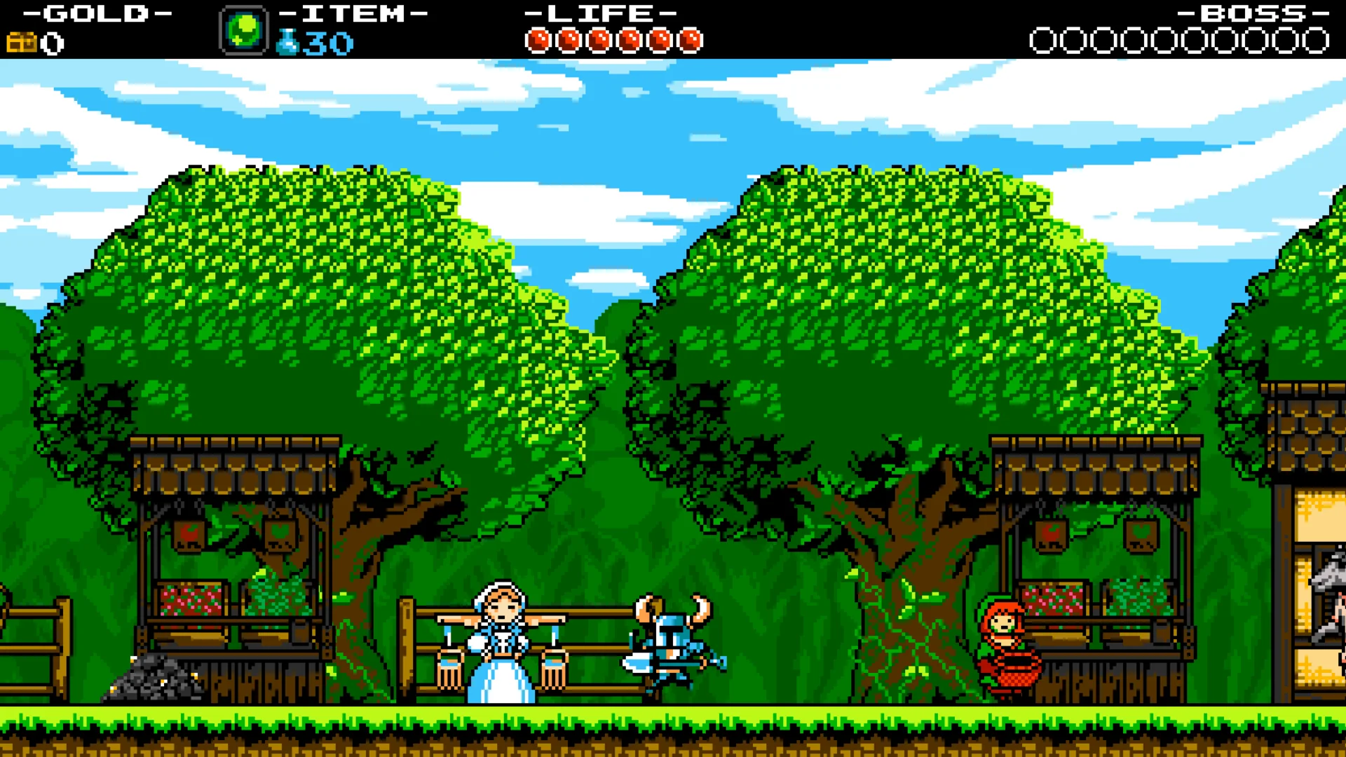 Official village screenshot: Shovel Knight stands between a seated pale-clothed villager and a red-hooded villager, with two market stalls behind them.