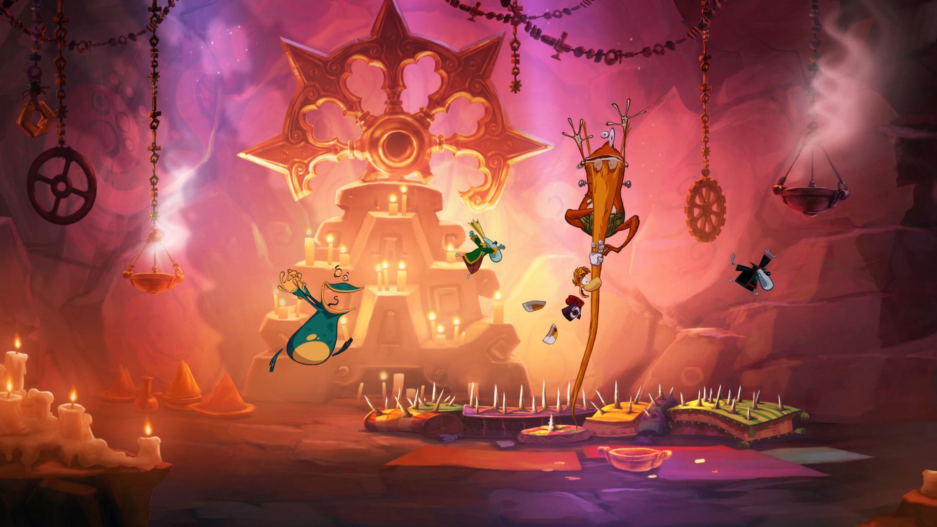 Rayman and friends jump near spikes in a glowing orange Rayman Origins environment.