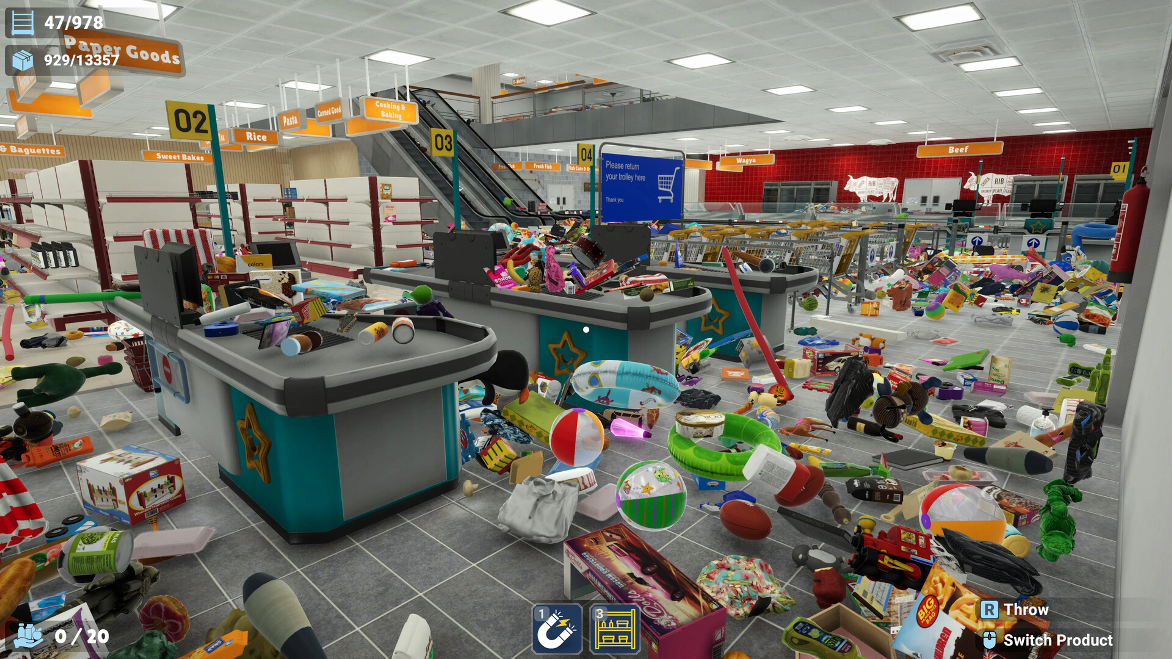 Thousands of unsorted products surround the checkout lanes in Megastore: Tidy Up Together.