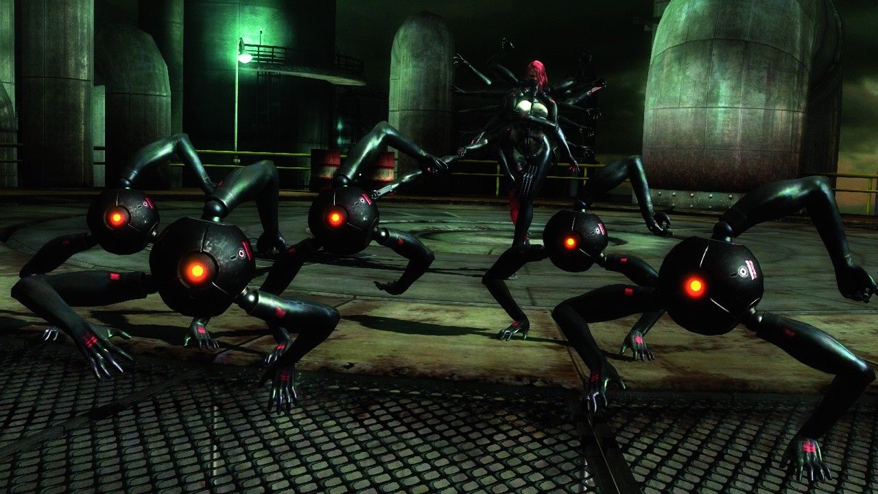 Several small robotic enemies surround Raiden in a dark area.