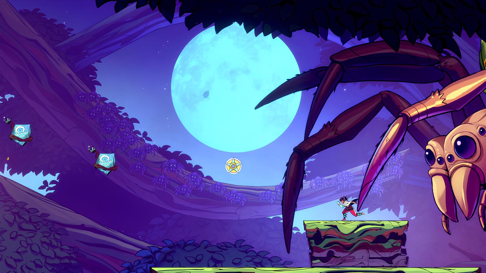 Ajira faces a huge spider beneath a full moon.
