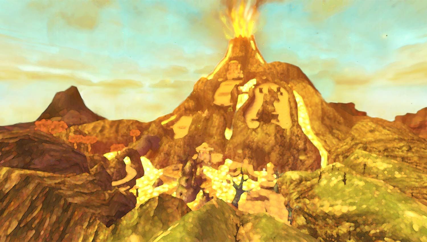 Eldin's orange volcanic mountain stands above rocky paths and lava.