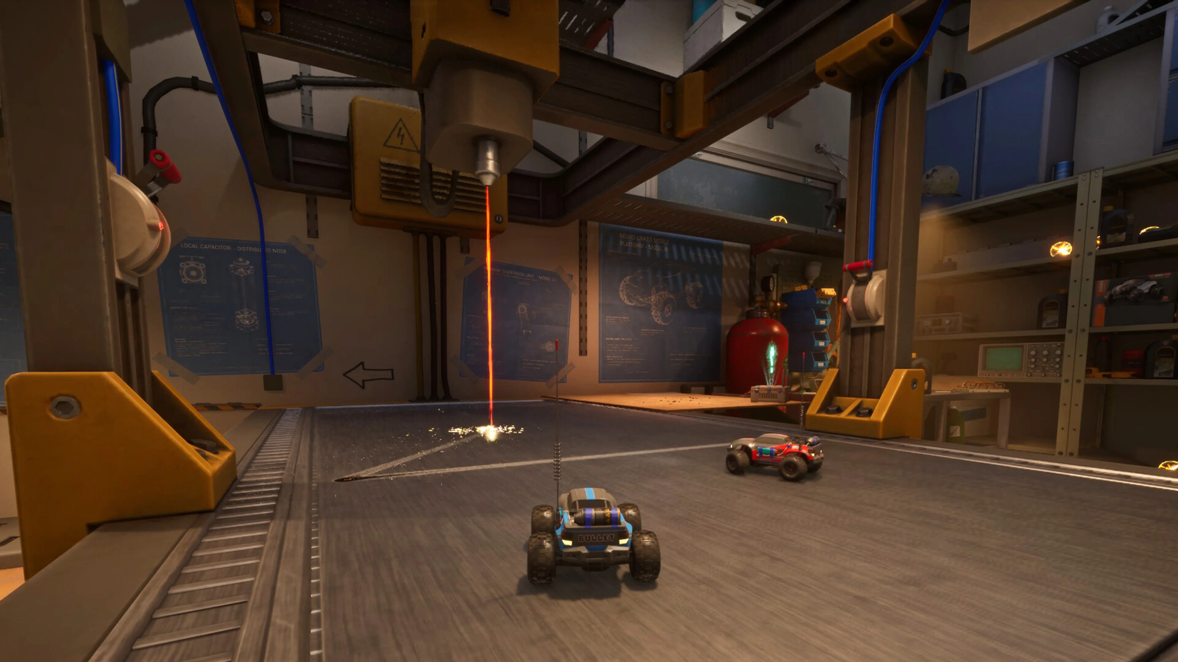 Two RC cars approach a vertical laser obstacle inside a large WheelMates workshop.