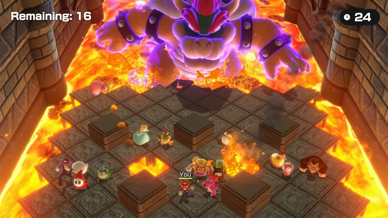 A team of players faces giant Bowser over a lava-filled arena.