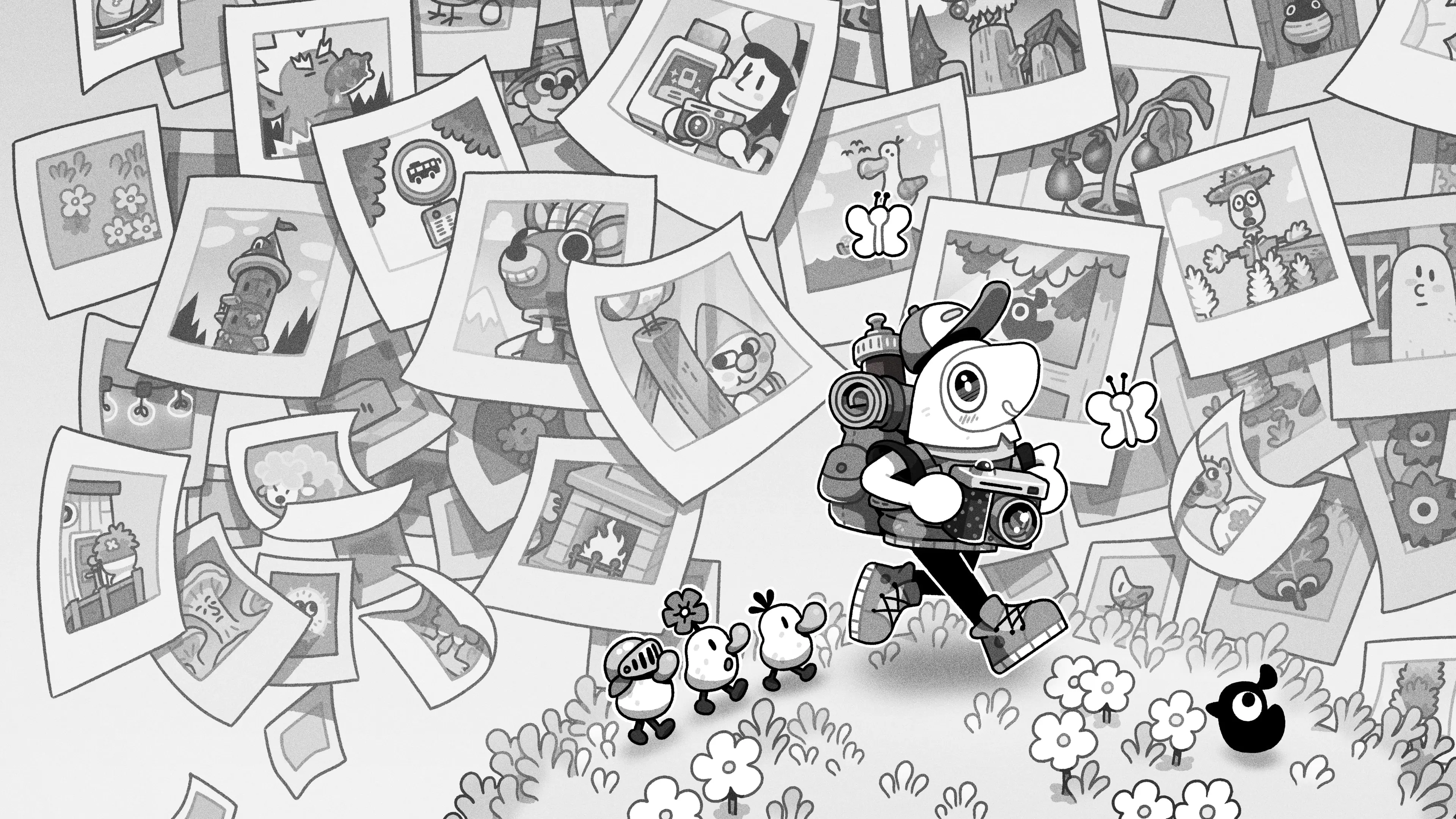 The TOEM 2 photographer walks through a wall of printed photographs in official PlayStation artwork.
