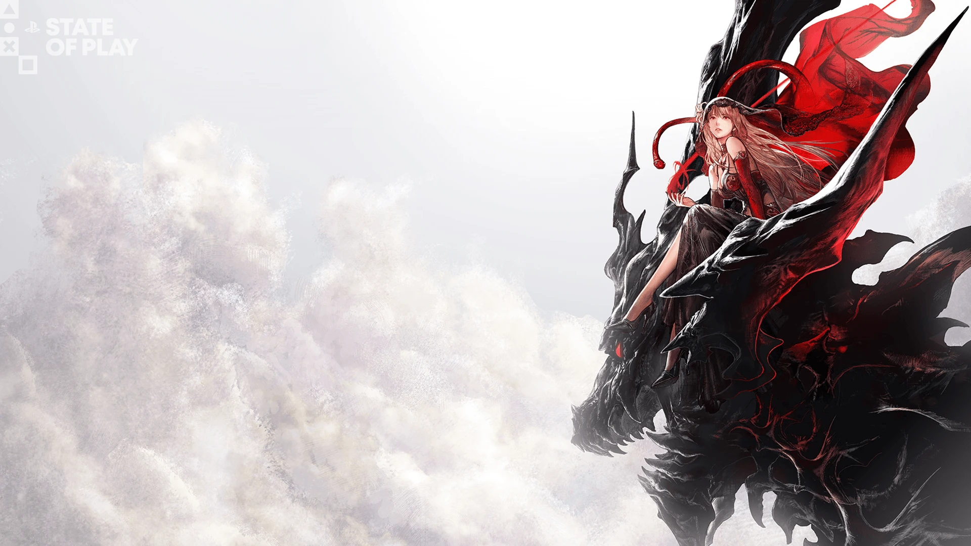 A red-clad warrior and dark dragon appear in an official Final Fantasy Resonance promotional still.