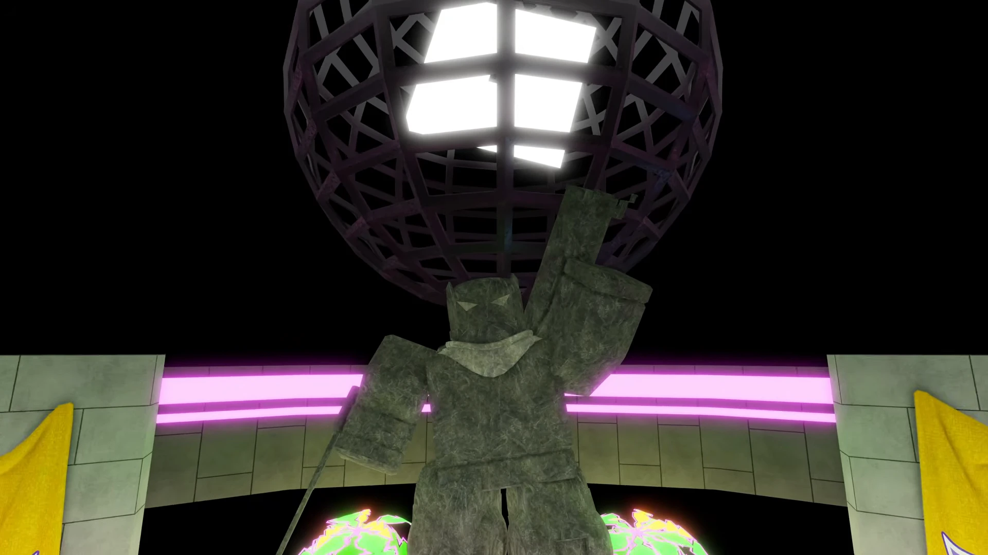 A stone character statue under arena lights in Arsenal’s Rogue mode.
