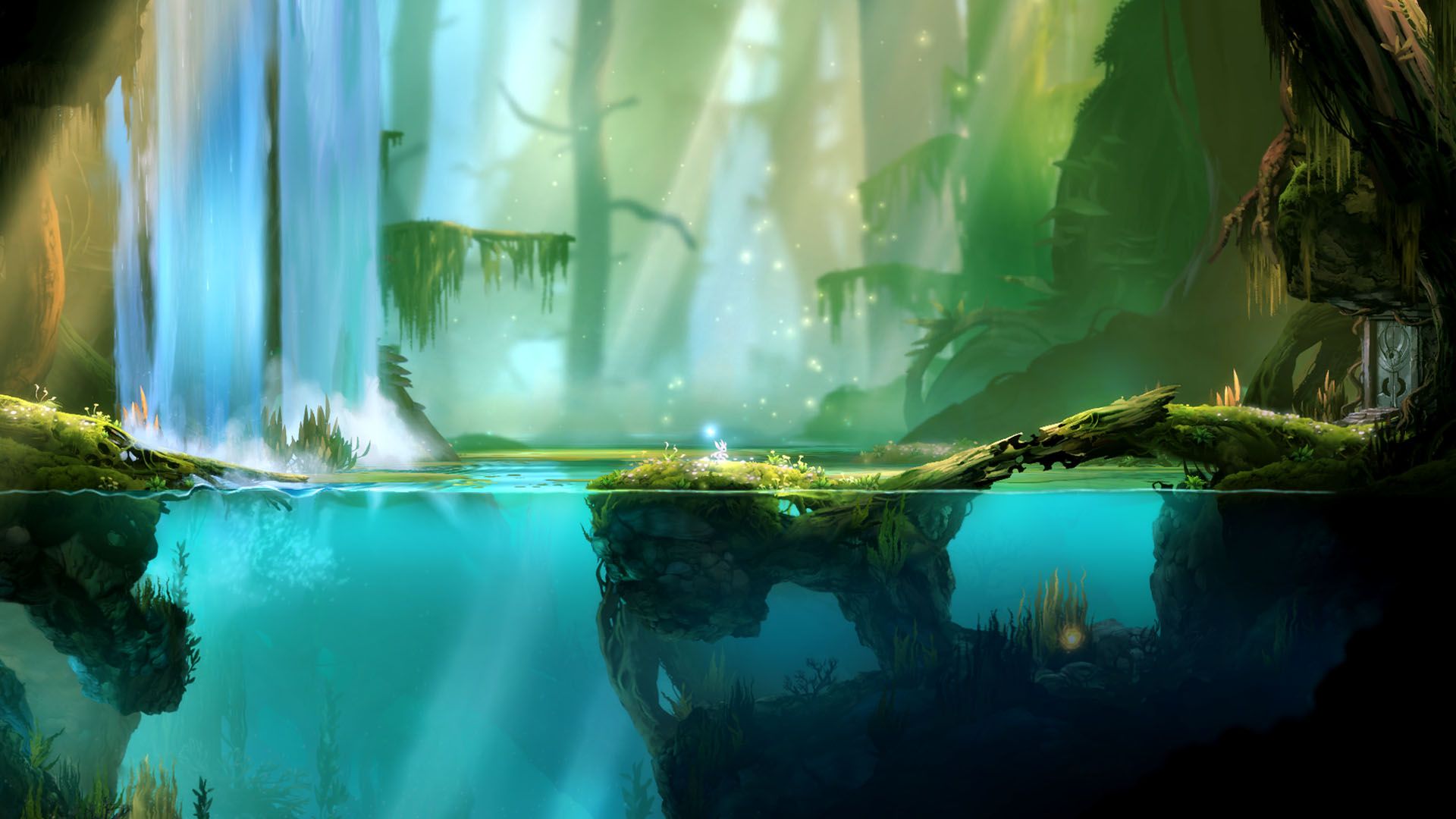 A blue-green forest pool sits below a bright waterfall and thick branches.