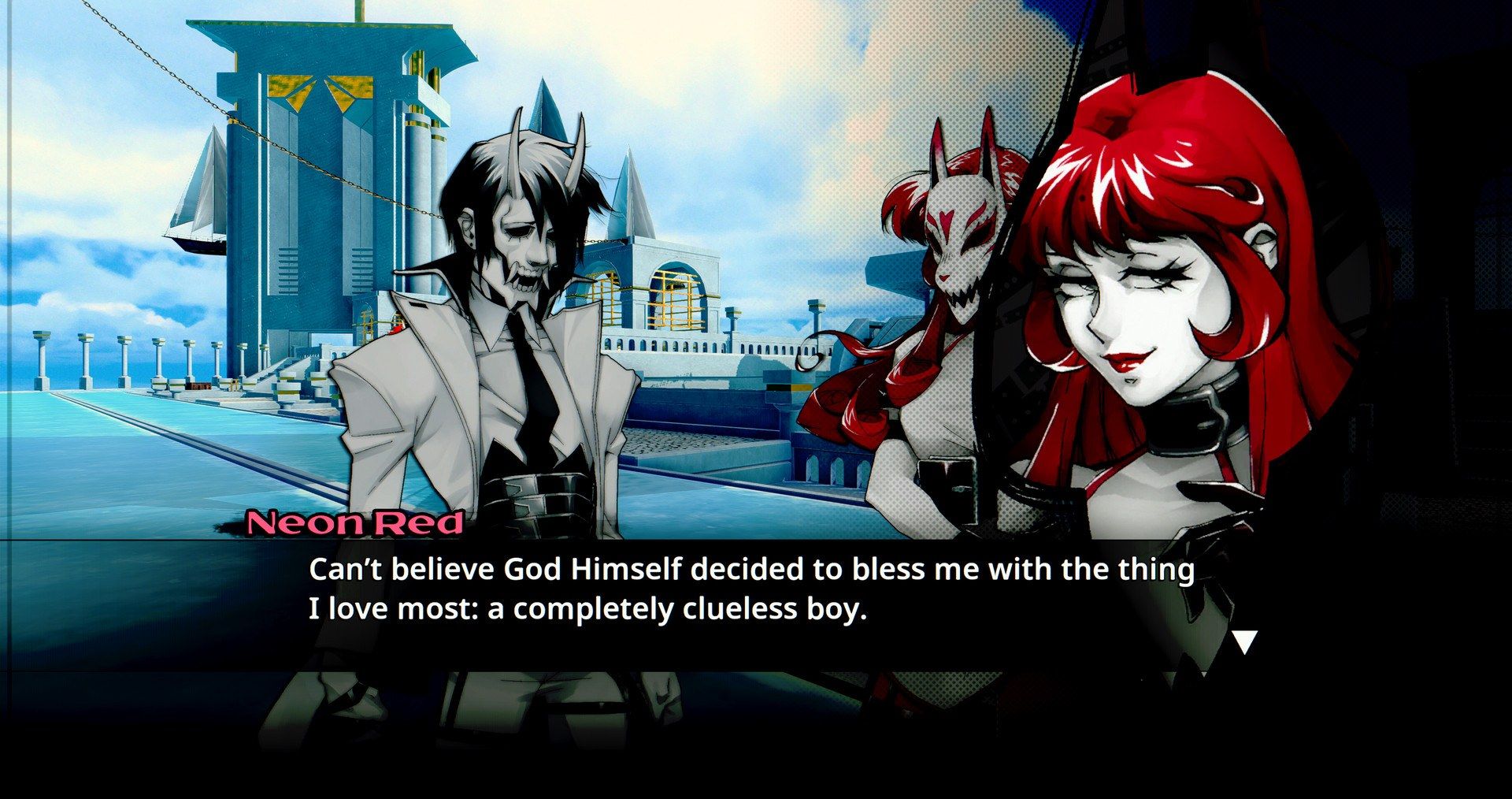 White talks with Neon Red between missions.