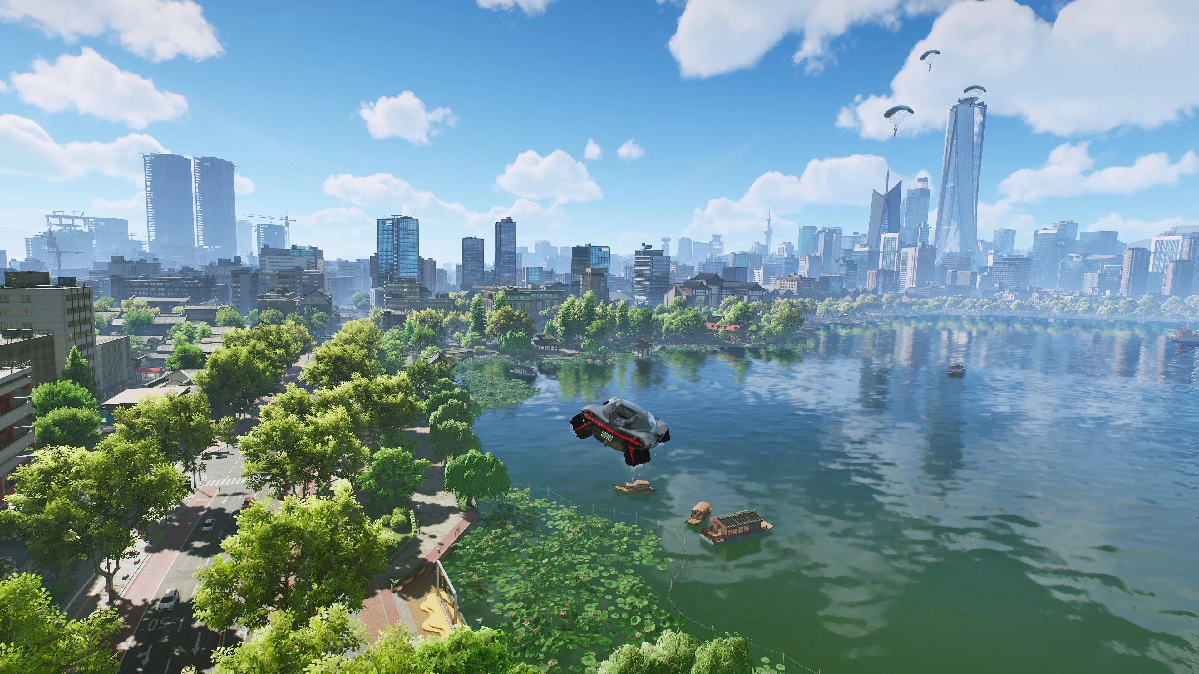 A car glides above the water beside a large ANANTA city, showing the game’s vehicle-focused exploration and open-air routes.