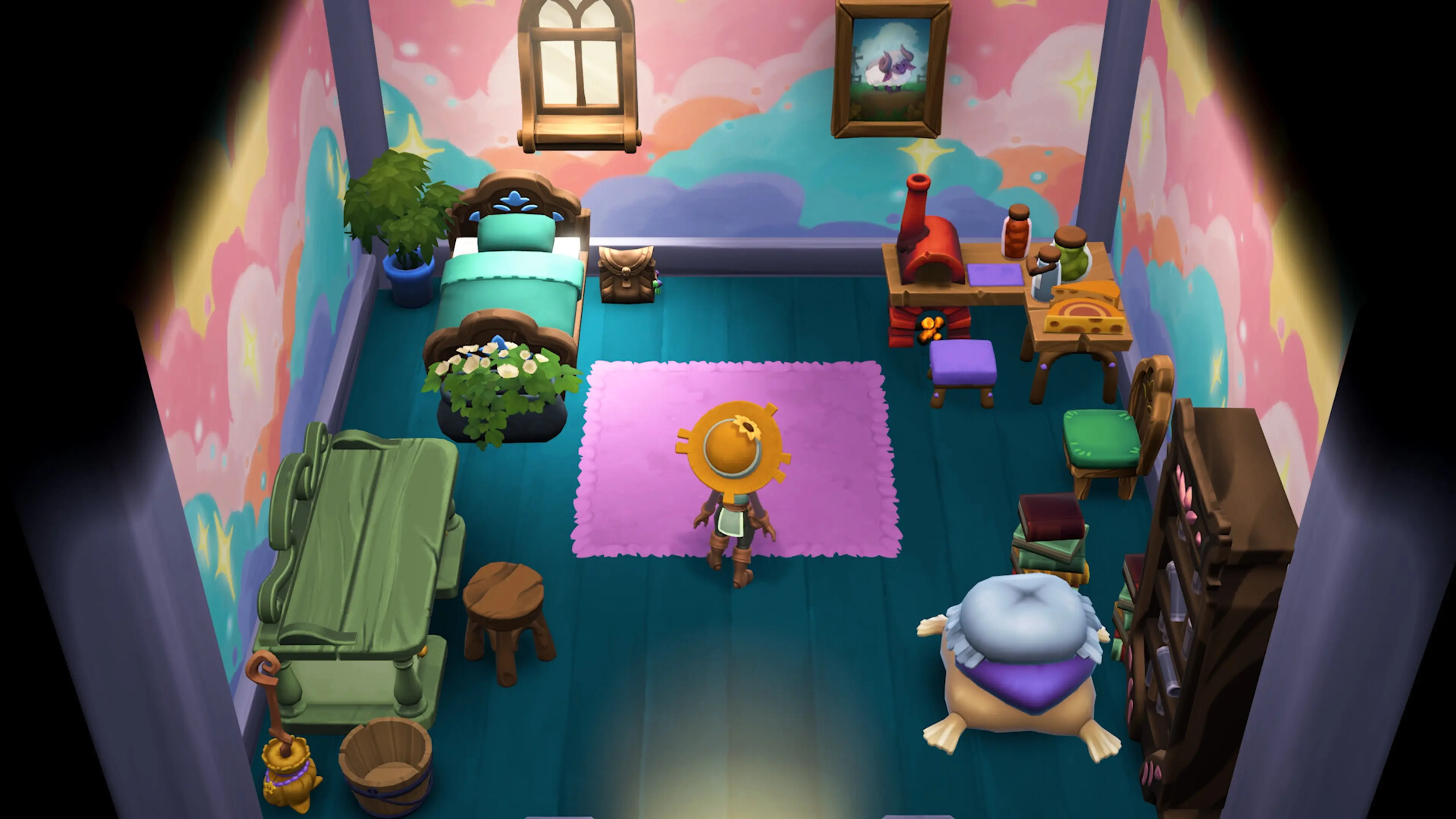 A character inside a furnished bedroom in Fae Farm.