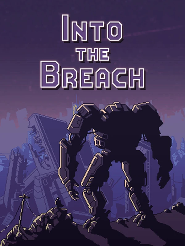 Official Into the Breach cover with the native title above a giant mech in a ruined city.