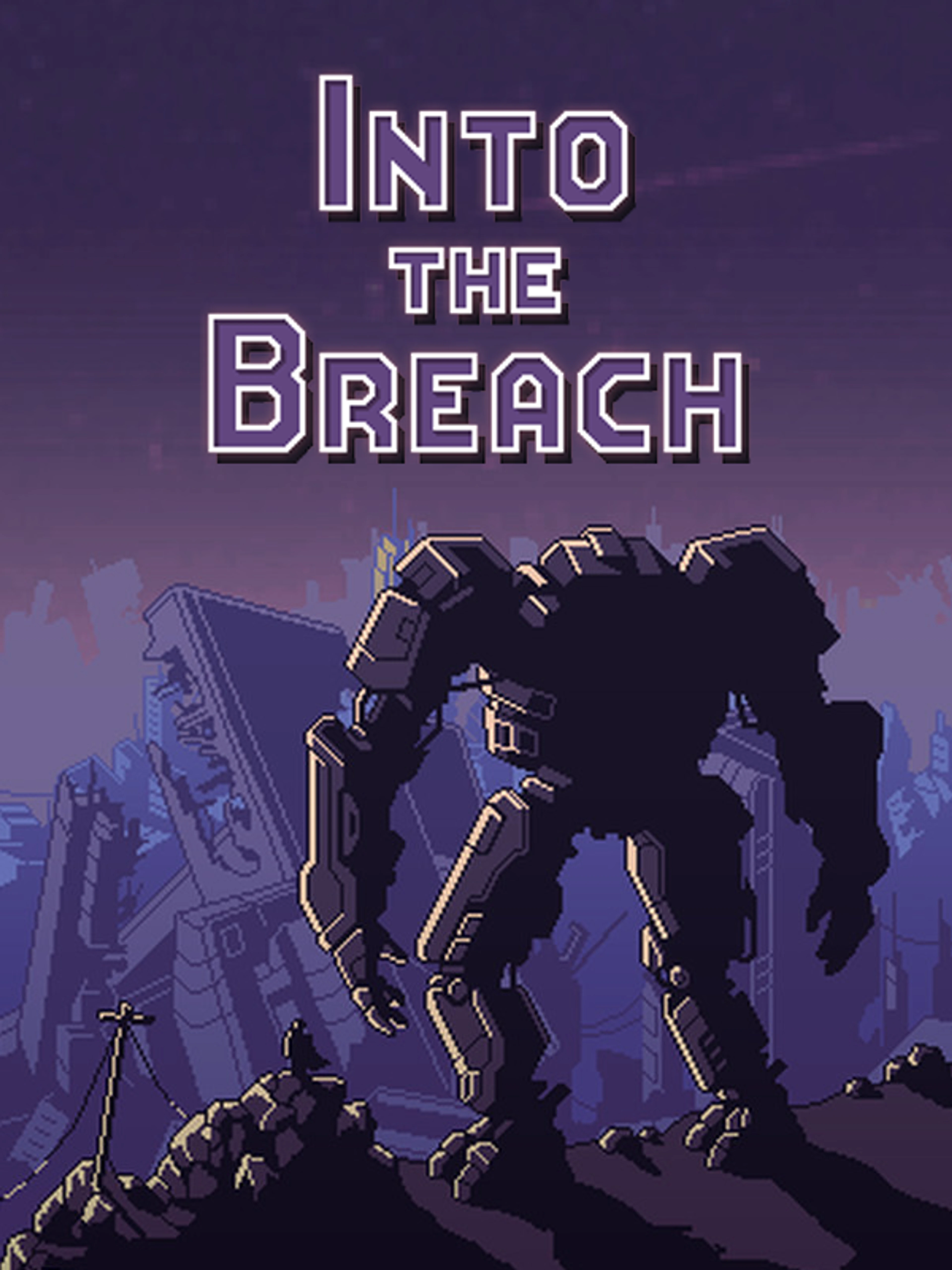 Official Into the Breach cover with the native title above a giant mech in a ruined city.