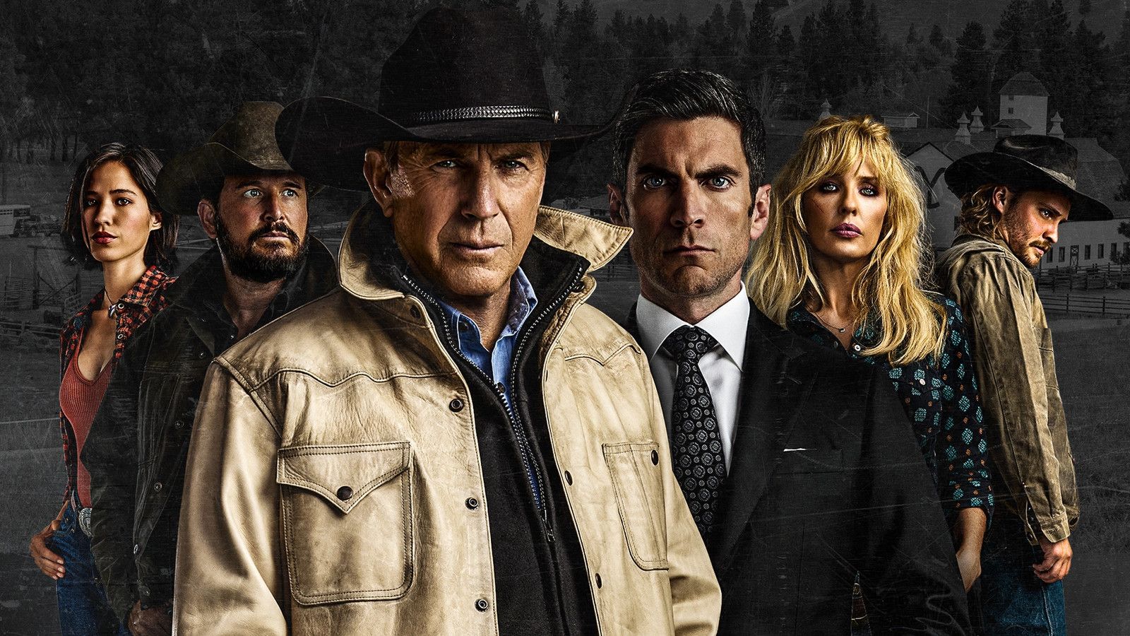Kevin Costner stands with Kelsey Asbille, Cole Hauser, Wes Bentley, Kelly Reilly, and Luke Grimes in Yellowstone promotional art.