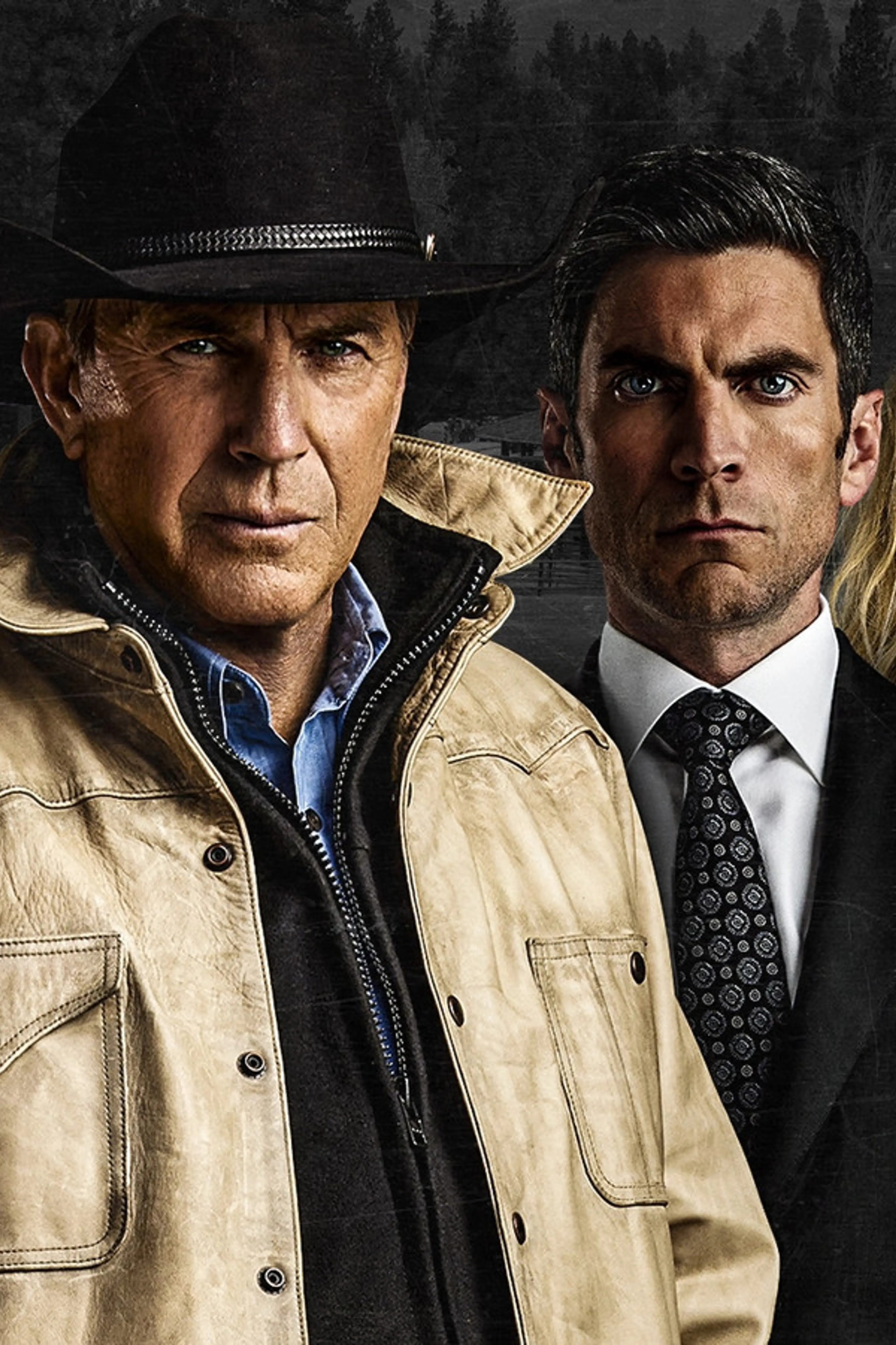 Kevin Costner stands with Kelsey Asbille, Cole Hauser, Wes Bentley, Kelly Reilly, and Luke Grimes in Yellowstone promotional art.