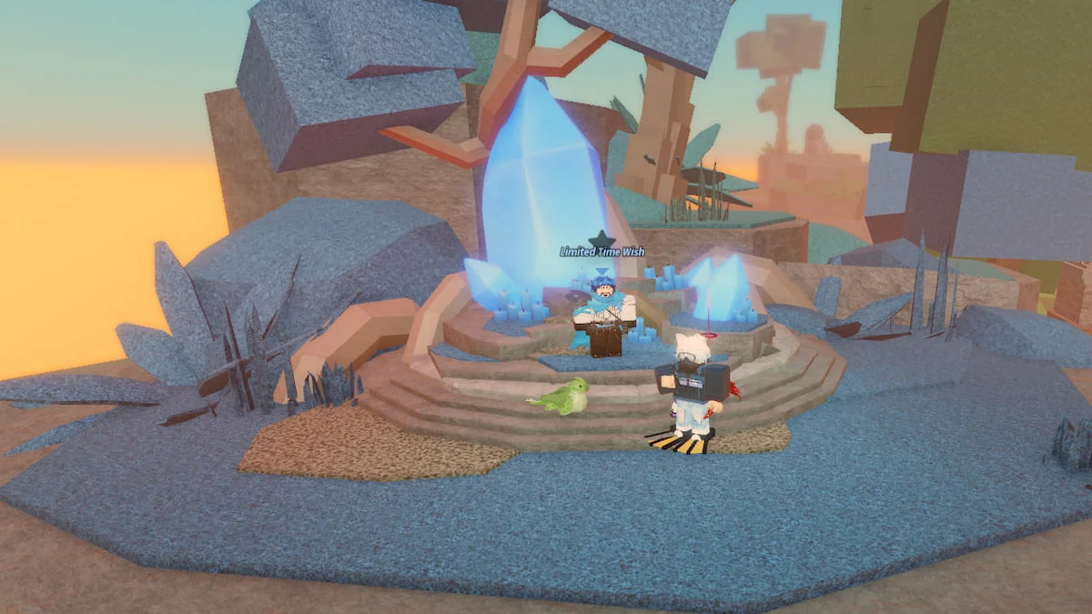 Ryusei stands at the Limited Time Wish area in front of blue crystals on Skycrest.