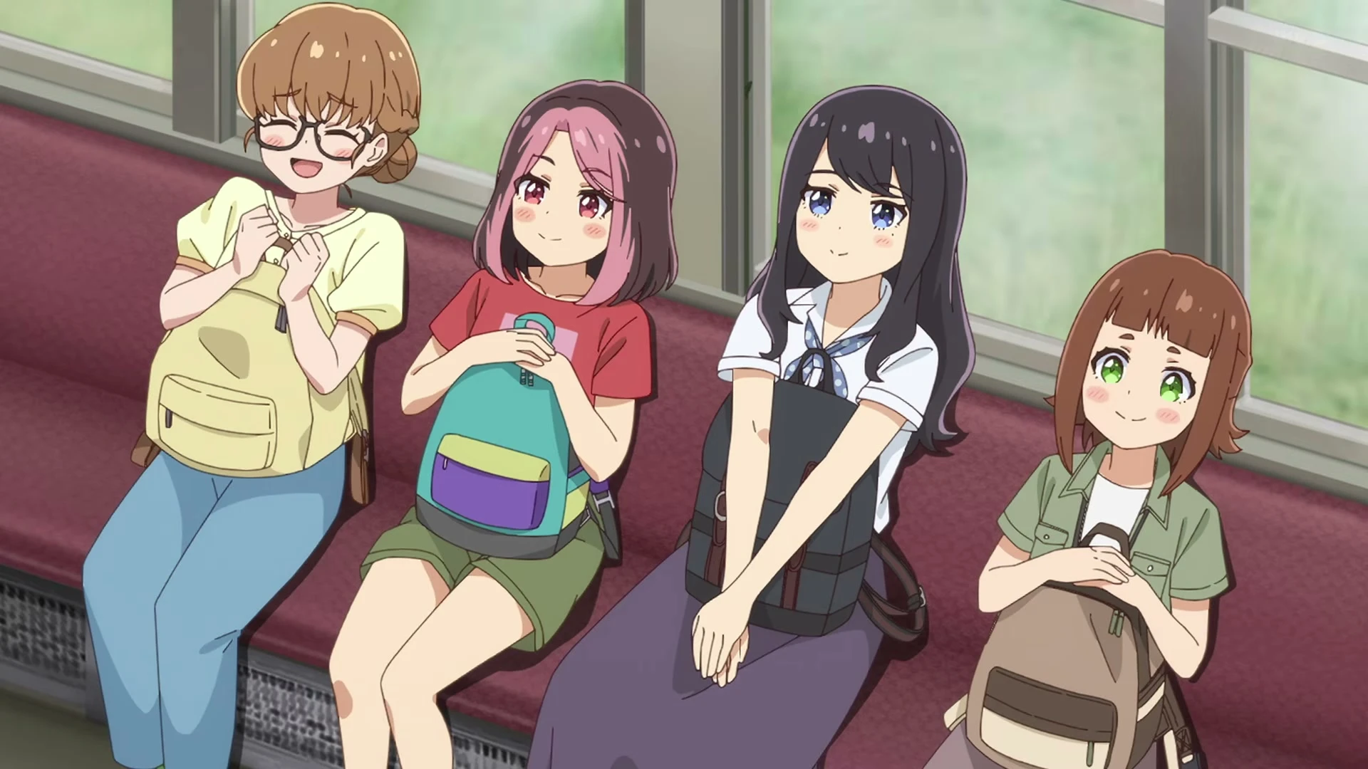 Misaki, Kodama, Ushio and Usa sit together beside a railway in Tetsuryō!