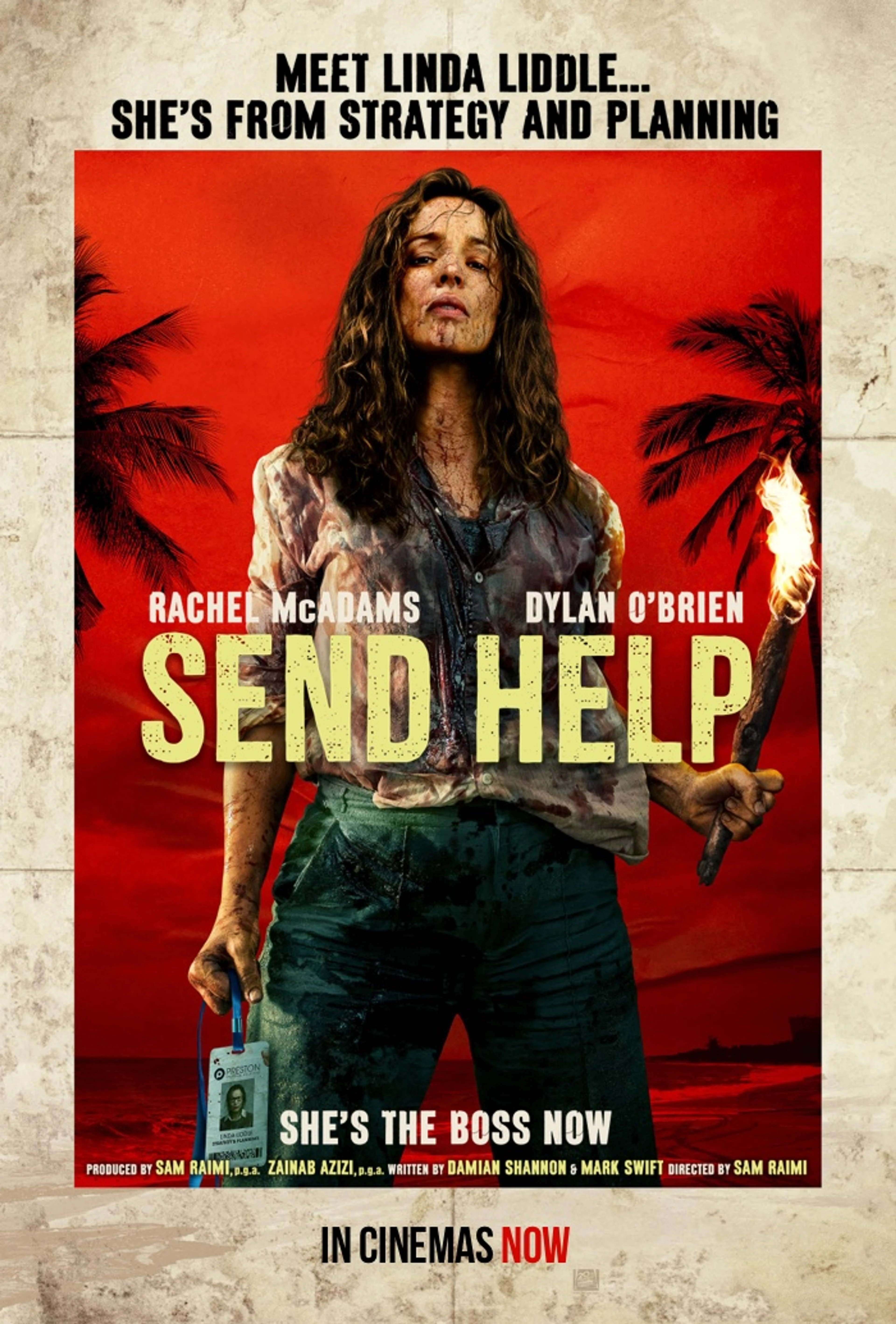 Official Send Help poster with Linda holding a torch and her work badge.