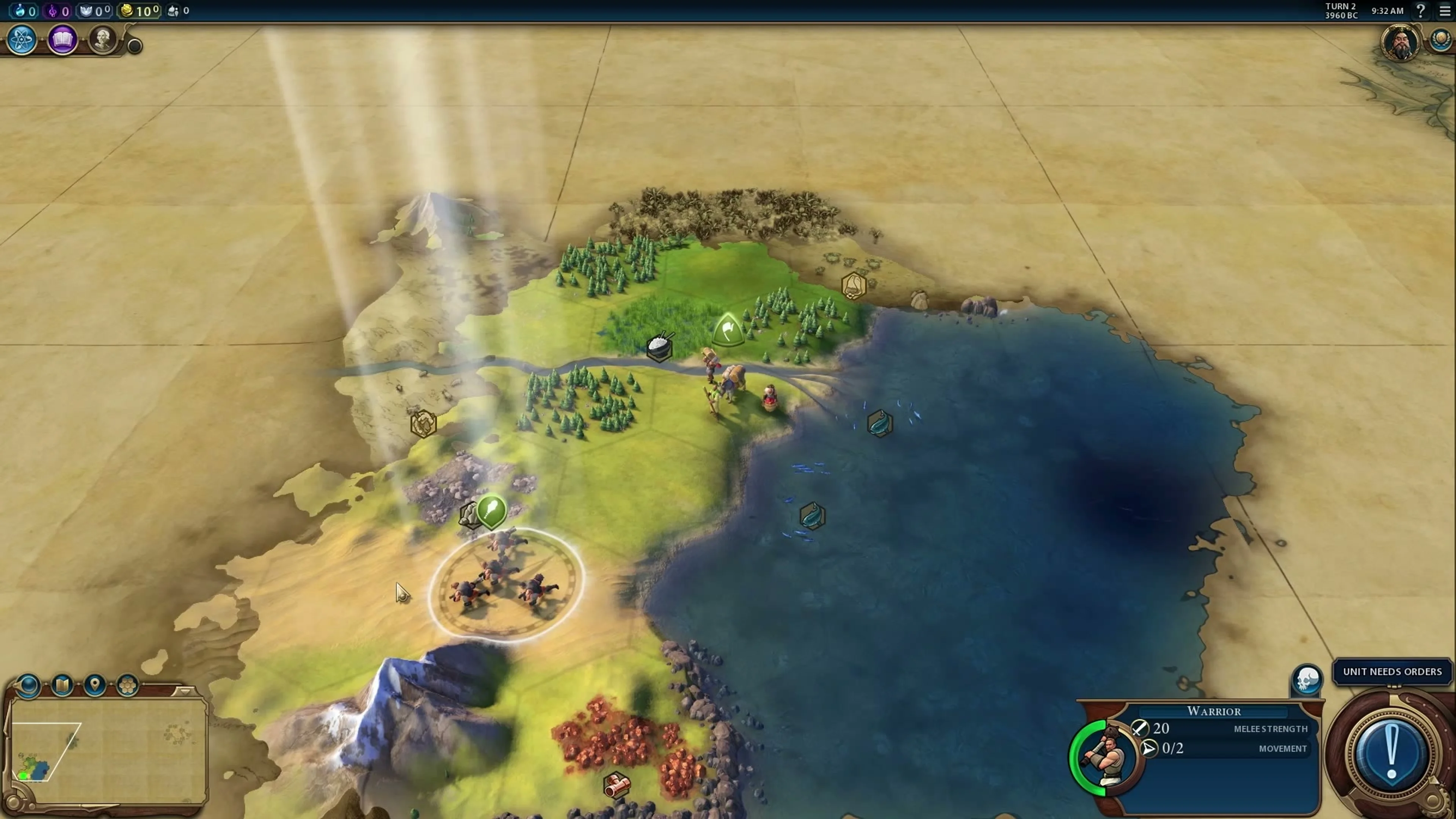 Civilization VI opening map with the Settler by a river and a selected Warrior lower on the screen.
