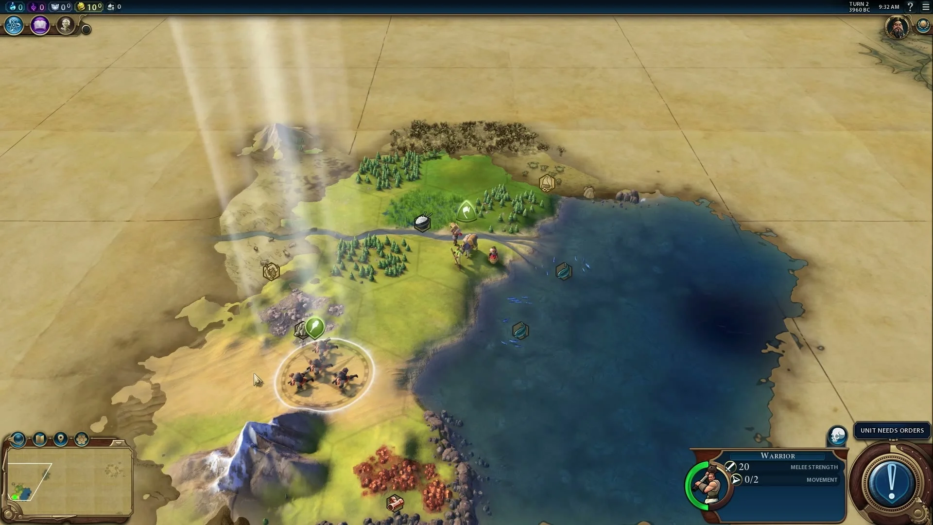 Civilization VI opening map with the Settler by a river and a selected Warrior lower on the screen.