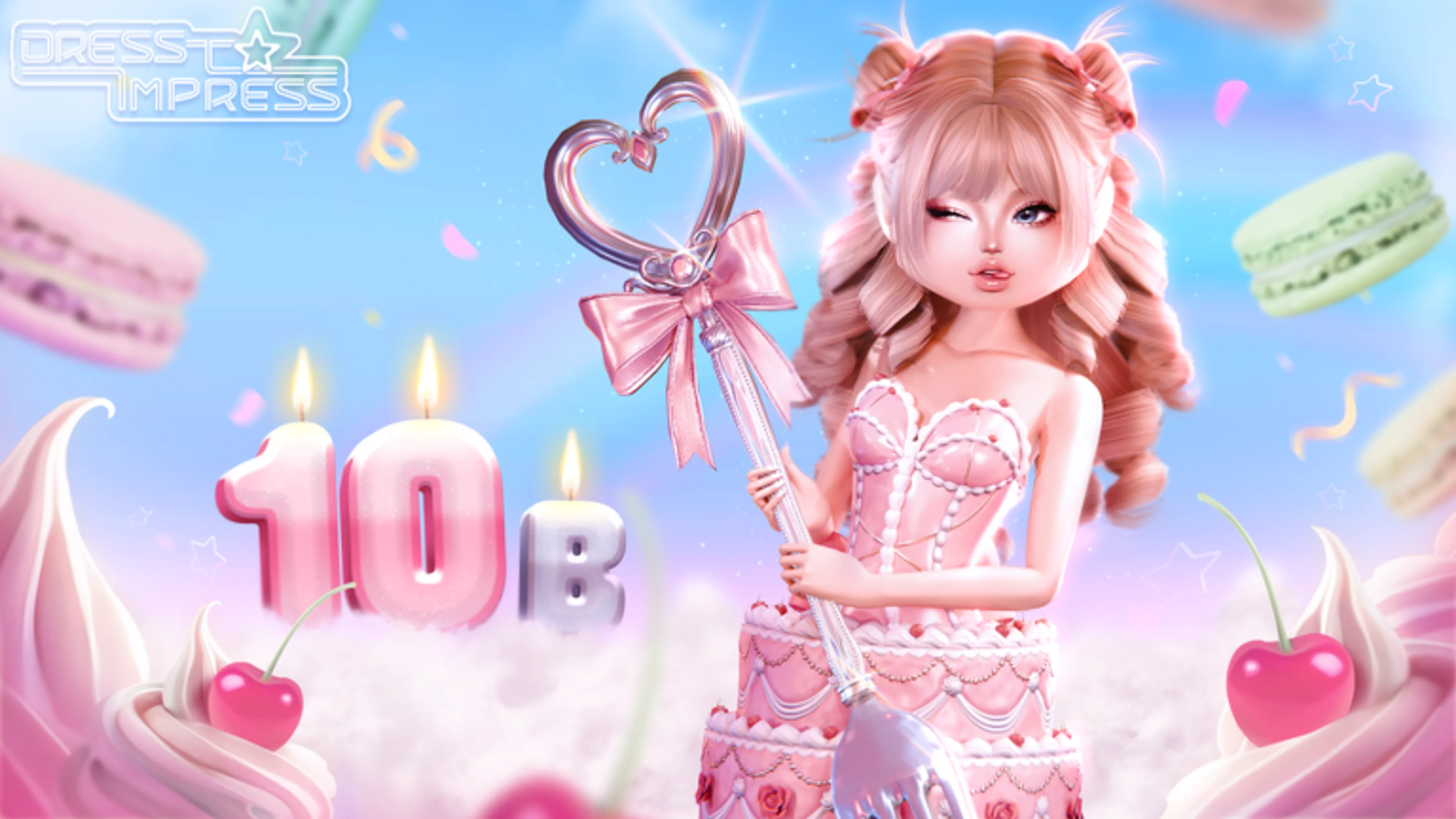 Pink-haired Dress To Impress avatar beside a 10B cake and macaron decorations.