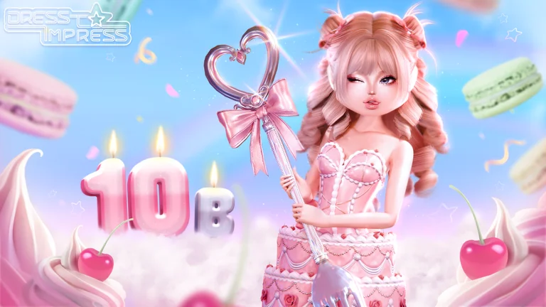 Pink-haired Dress To Impress avatar beside a 10B cake and macaron decorations.