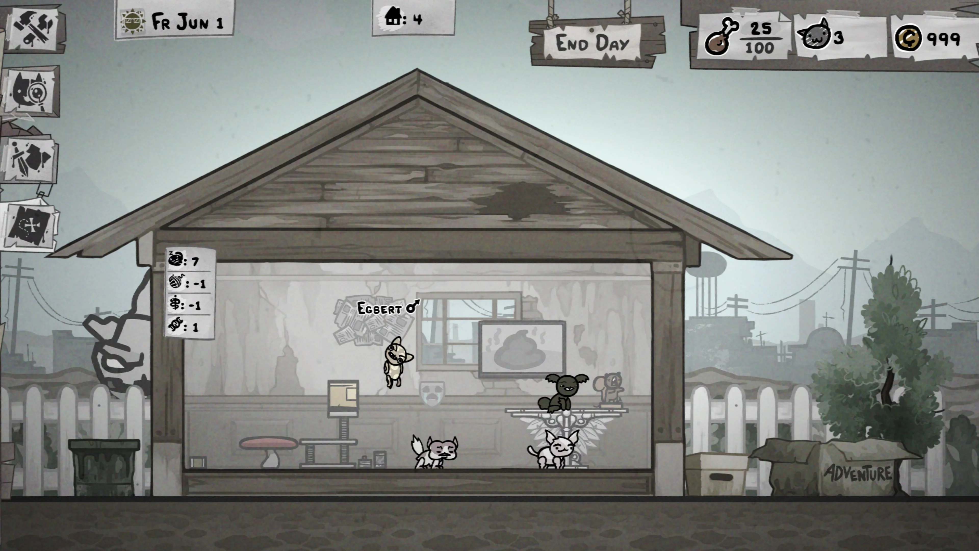 Cats occupy several furnished rooms of the Mewgenics house while the player manages the family between expeditions.
