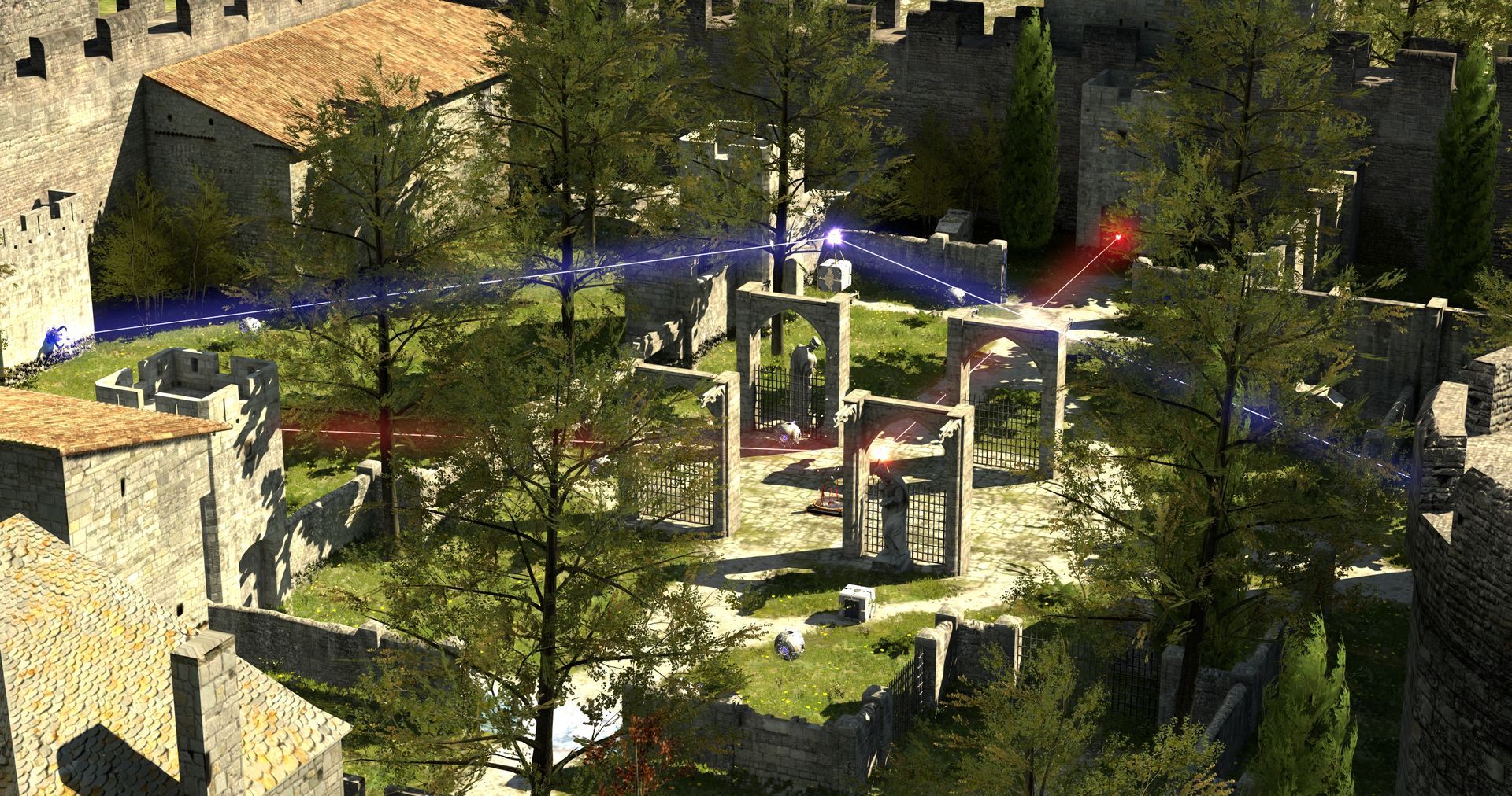 Blue and red laser beams cross a sunlit stone puzzle courtyard.