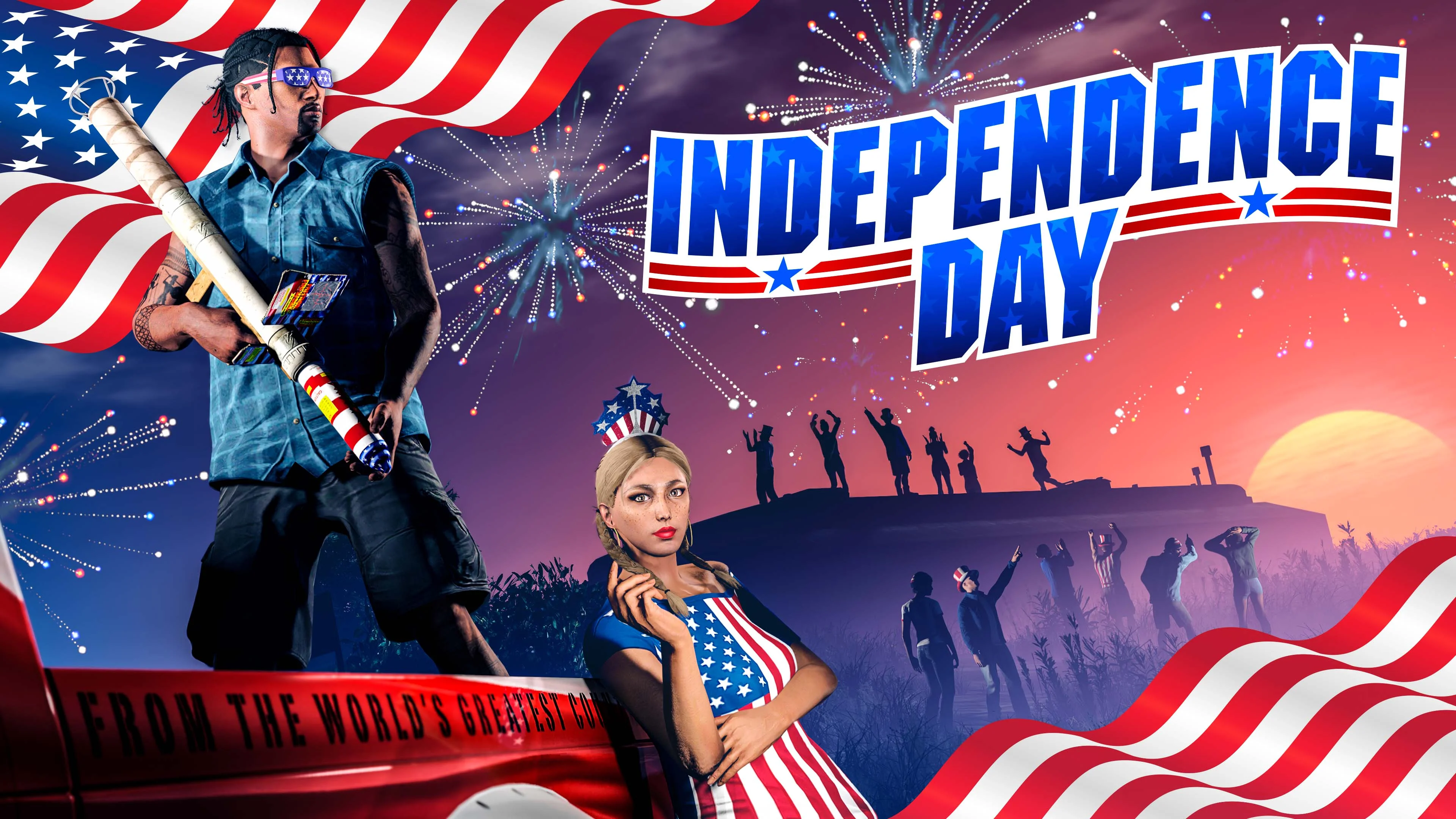 Official GTA Online event art tied to Bunker and Gunrunning bonuses during Rockstar's July 2026 Independence Day event.