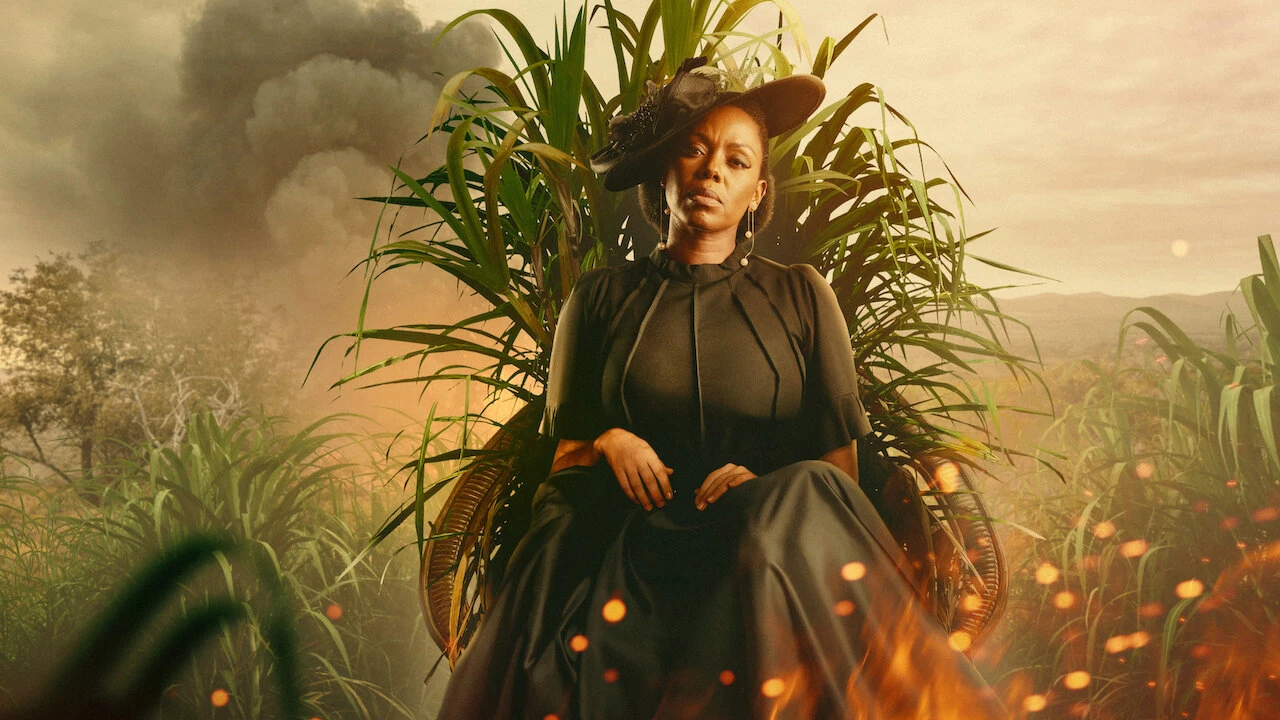 Netflix key art shows a woman seated in a sugarcane field for Blood Legacy.
